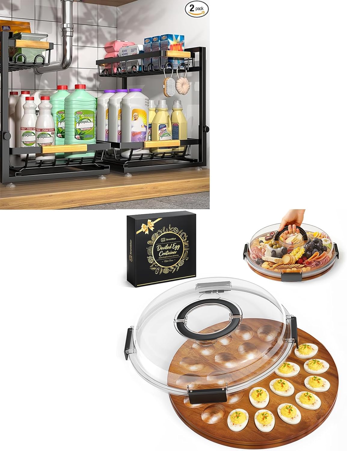 Easter Acacia Wood Deviled Egg Containers with Lid, 3 Pack Multi-Use Under Sink Organizers