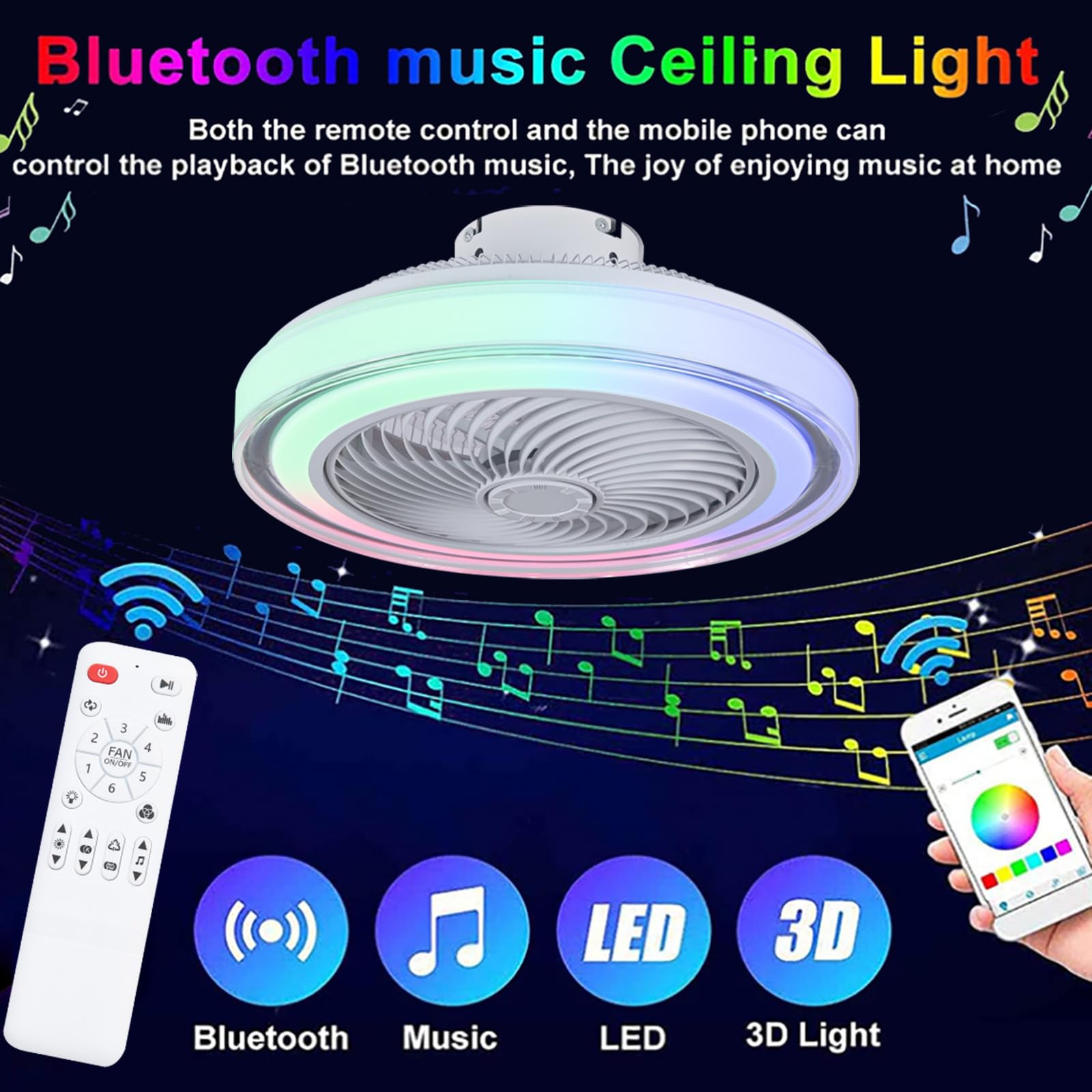 Inteligente Niños RGB Moderna Lámpara Ventilador Techo Motor DC 6 Velocidades Reversible Alexa Altavoz Musical Bluetooth Ventilador De Techo Con Luz Y Mando A Distancia Para Dormitorio Salon