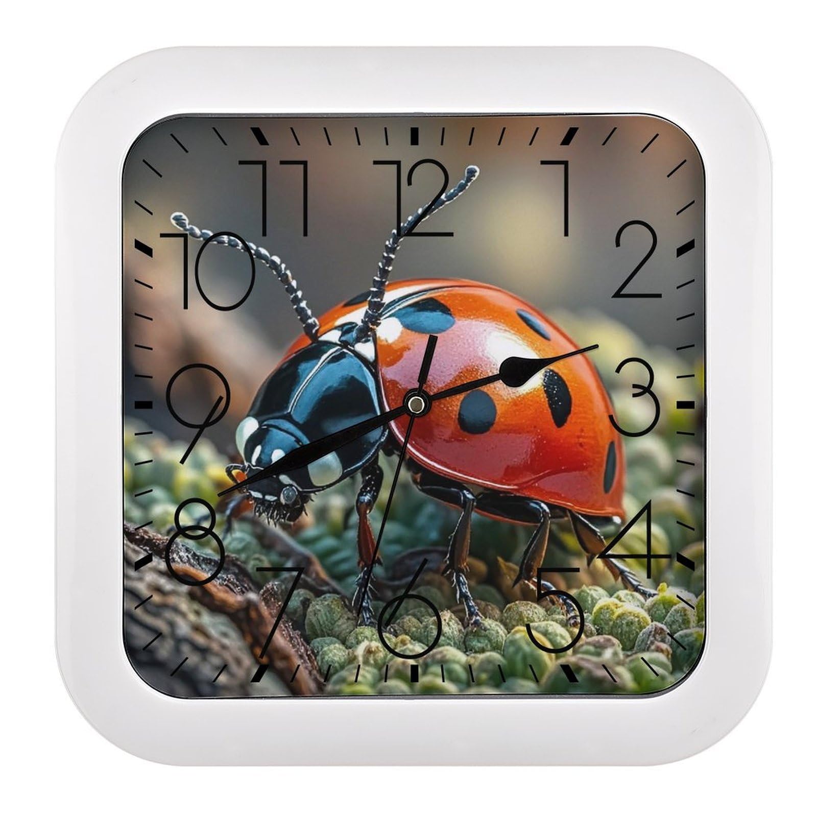 FekiLoot Square Red Ladybug Wall Clock Decorative Battery Operated Analog Clocks Silent Non-Ticking Frame Wall Clocks Perfect Kitchen Or Office Clock 10 Inch
