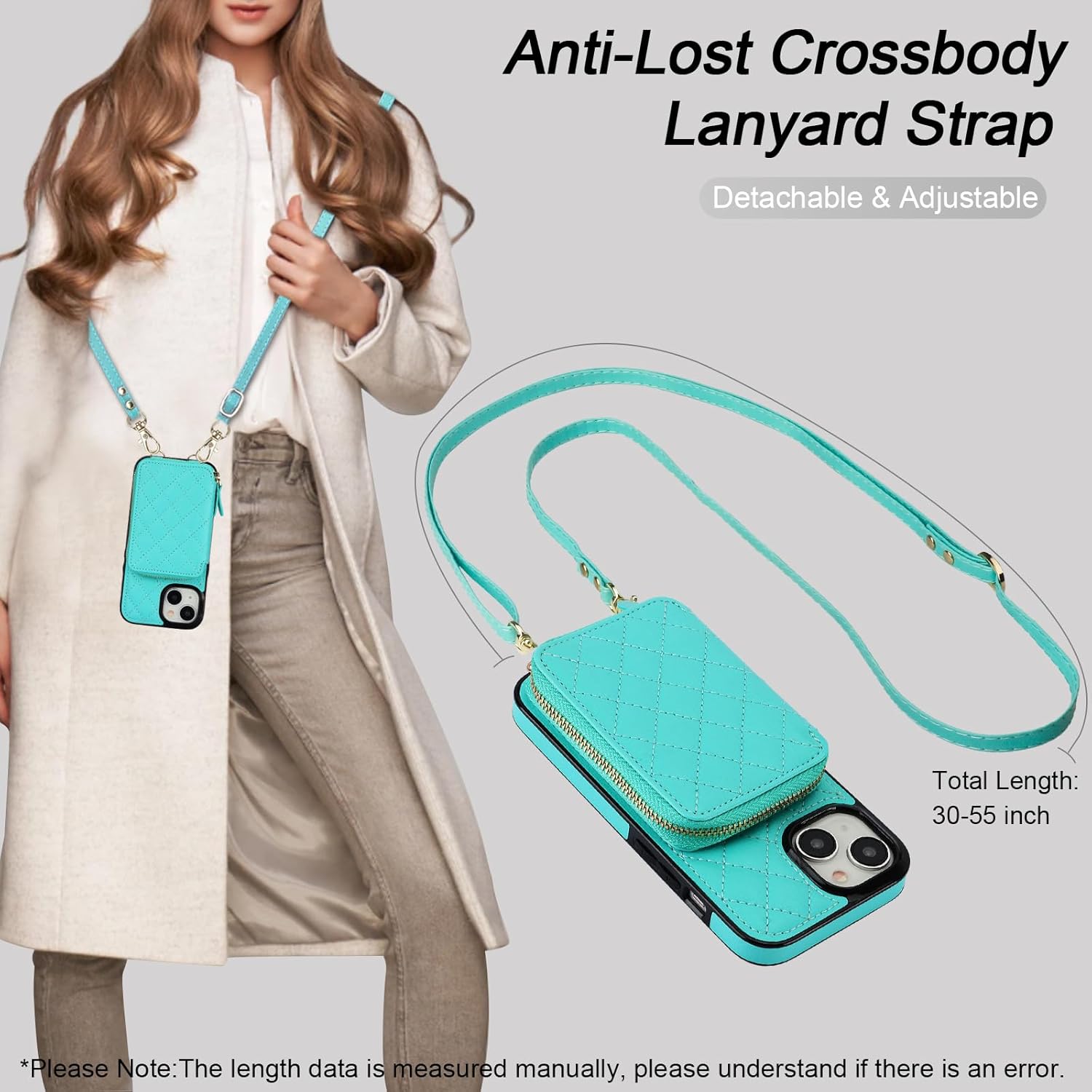 Bocasal Crossbody Wallet Case for iPhone 15, RFID Blocking PU Leather Zipper Handbag Purse Flip Cover, Kickstand Folio Case with Card Slots Holder Wrist Strap Lanyard 5G 6.1 Inch (Mint Green)