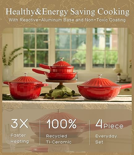 Miniatura 2 de Lebof - Juego de utensilios de cocina de cerámica antiadherente (7 piezas)  Juego de ollas y sartenes de aluminio fundido en titanio con tapas, sin