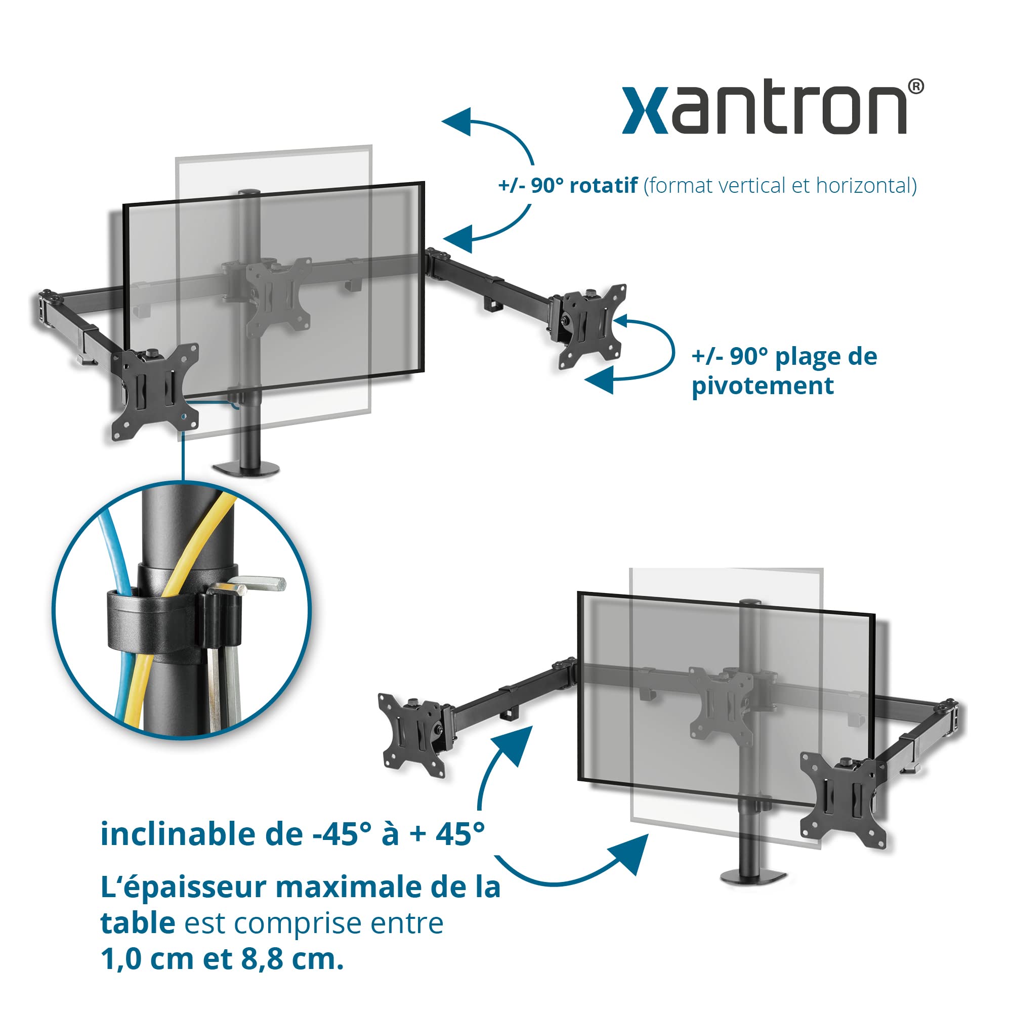 Xantron® ECO-E03 Support ecran PC 3 ecran 13-27 Pouces ou VESA 75x75 & 100x100 / Support Triple ecran/Triple ecran PC s'adapte à Chaque Table - matériel de Montage Inclus