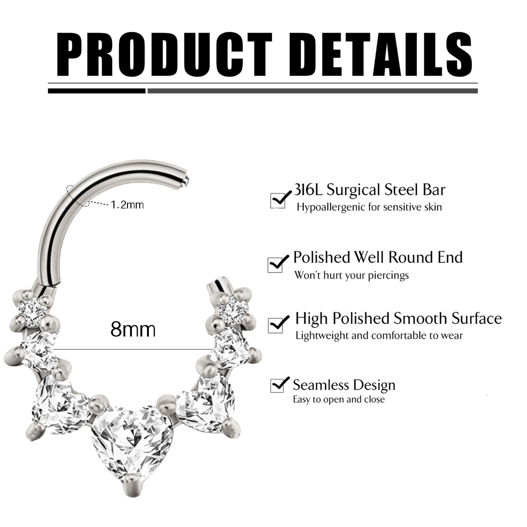 MIYUEFAN Piercing para la nariz para mujer, acero inoxidable, oro y plata, piercing para la nariz, hélix, septum, tragus, conch, piercing labial, nariz, anillos, circonitas, 8 mm/10 mm — view 5
