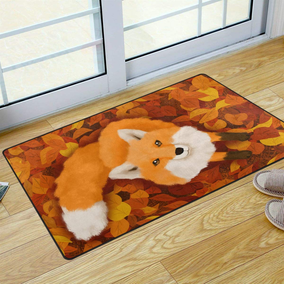 Doormat Cute Fox Animal Fallen Leaves Autumn Indoor Outdoor Decoration Floor Mat Rug Non-Slip Entrance Indoor Outdoor Bathmat Kitchen Home Rugs Rubber