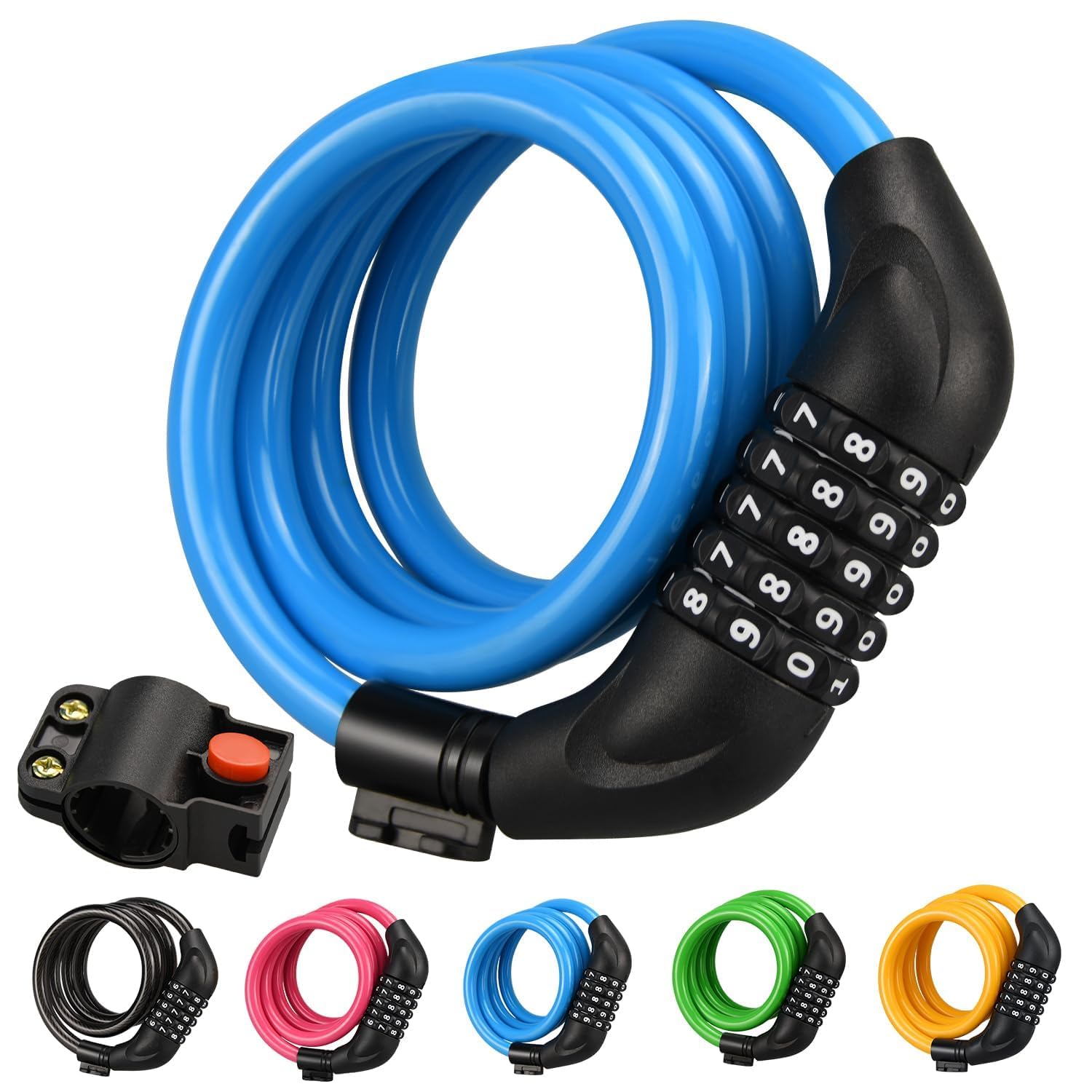 Bike Lock Cable, 1.2M Combination Bicycle Lock with Mounting Bracket, High Security 5 Digit Resettable Coiling Bicycle Lock, 5 Colors Anti Theft Cable Locks for Bike (Blue)