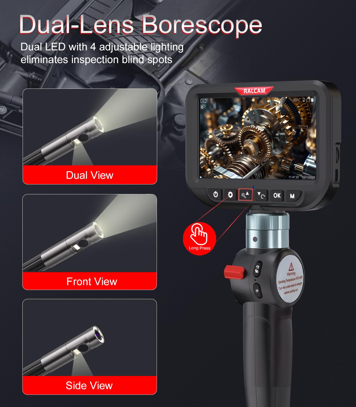 Ralcam Dual Lens Articulating Borescope Camera with Light, Slim Probe — Amazon image 3