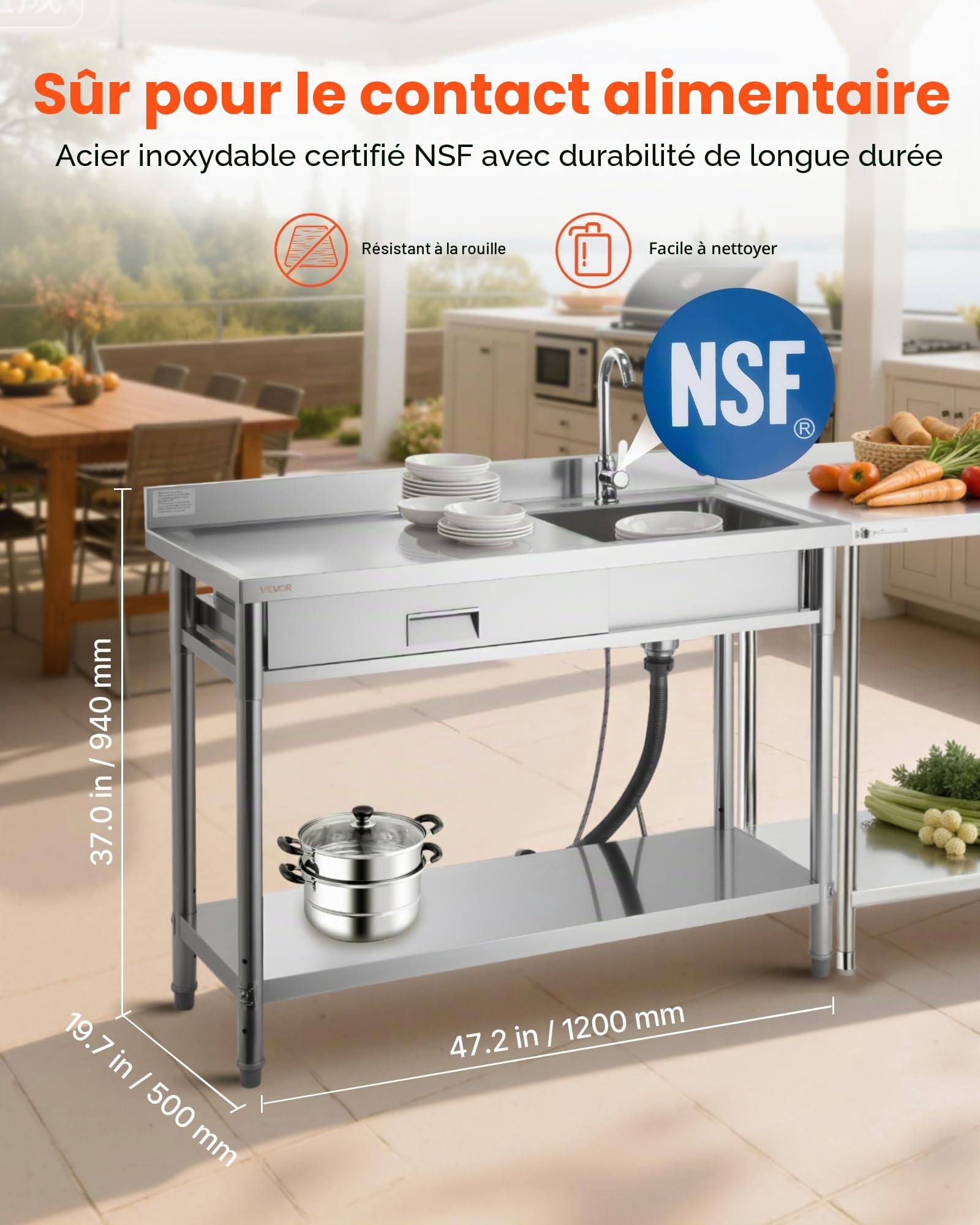 VEVOR Évier cuisine utilitaire en acier inoxydable, évier professionnel autoportant à cuve unique avec tiroir, robinet et tuyau d'eau chaude et froide, pour garage, restaurant, buanderie 120x50x94 cm