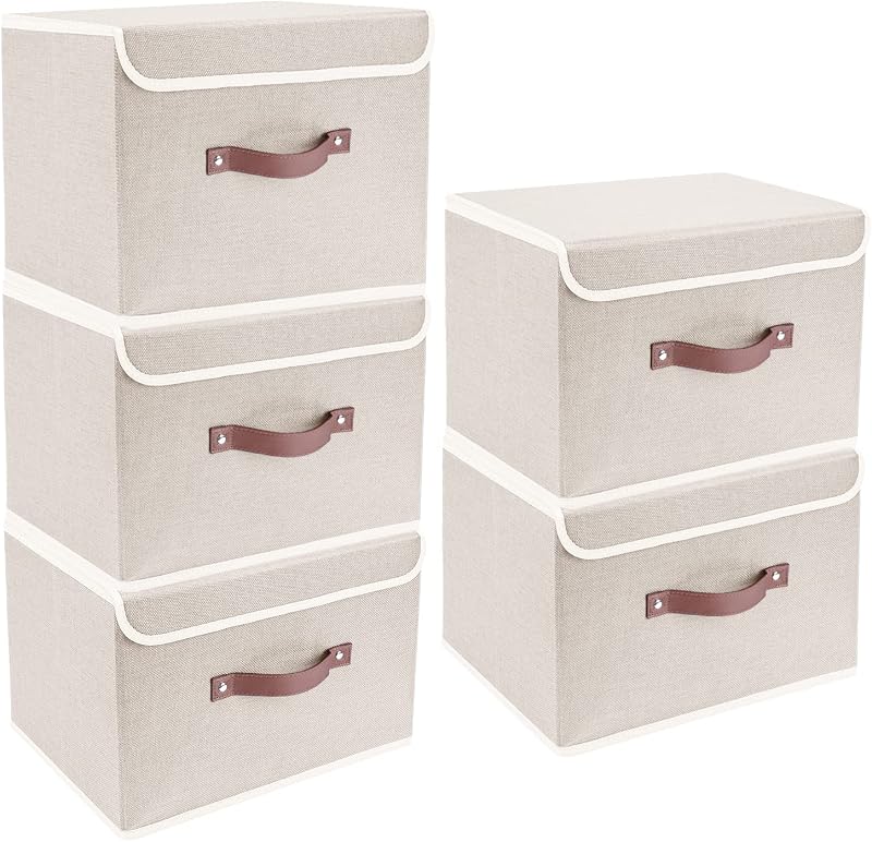 Cajas de almacenamiento plegables con tapas, paquete de 5 contenedores de almacenamiento de tela con tapas, organizadores de armario para almacenamiento de ropa, organización de habitaciones, almacenamiento de oficina, juguetes - Beige