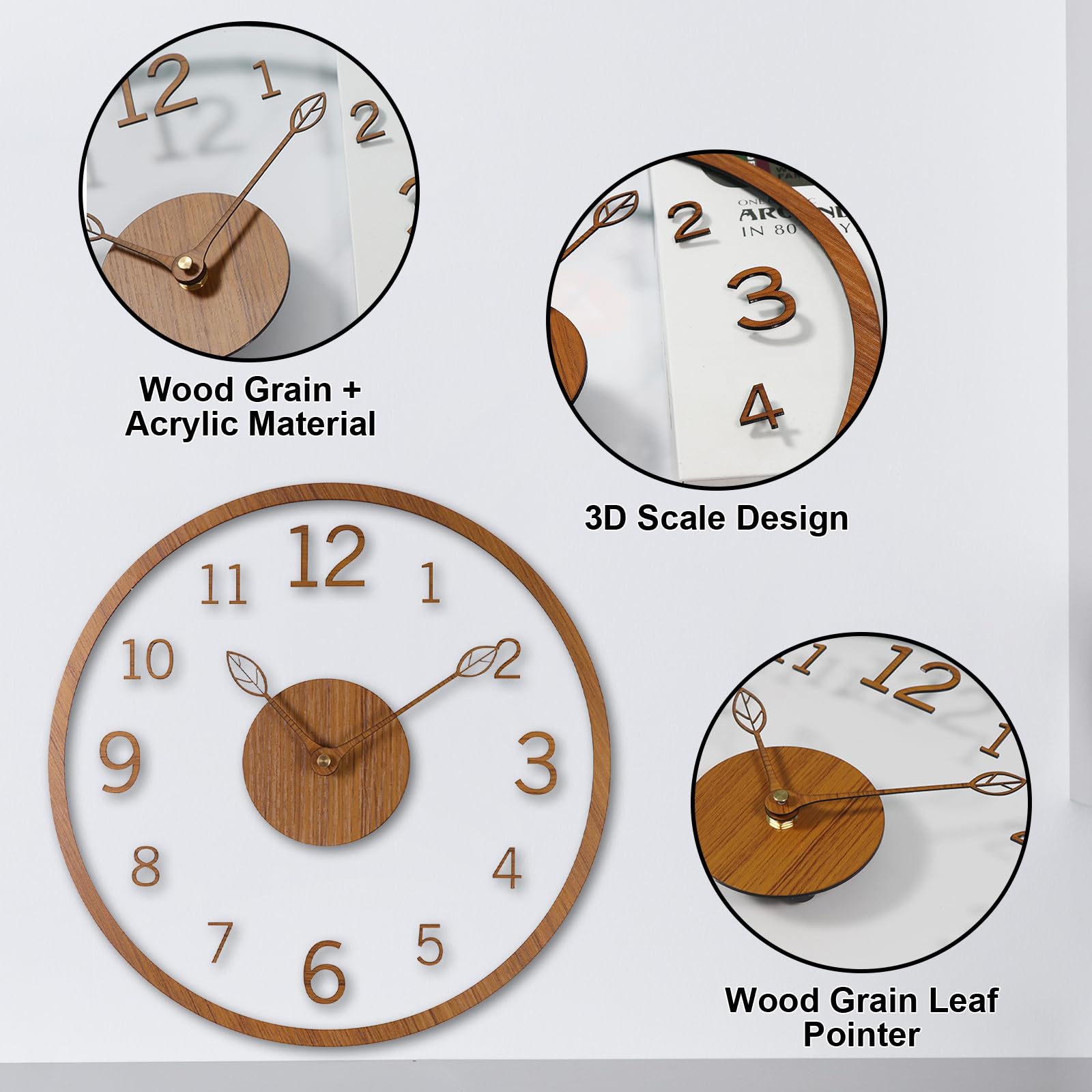 Reloj de Pared de 12 Pulgadas, Acrílico y Madera Reloj Pared, Silencioso, Funciona con Pilas, Moderno Reloj Pared para Dormitorio, Sala de Estar y Cocina