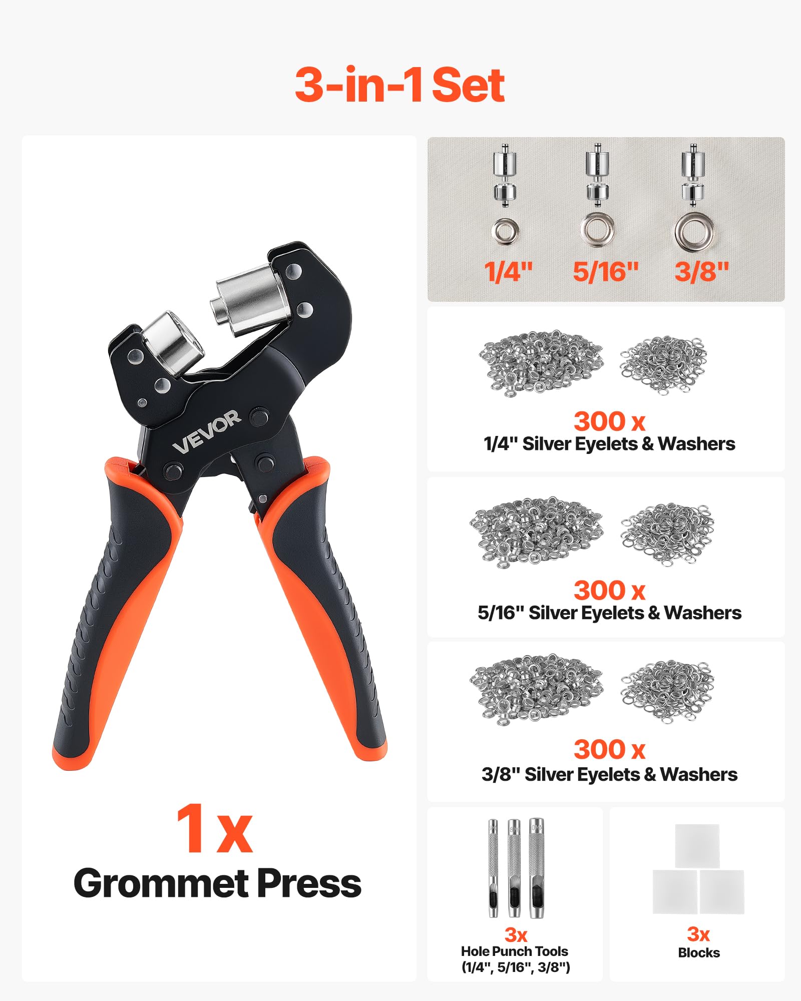 VEVOR Kit di Attrezzi per Occhielli da 6/8/10 mm 900 Pezzi con Rondelle | Pinza Occhiellatrice Manuale, Strumento per Forare Blocchi per Pelle Cuoio Teloni Scarpe Artigianato Tessuto Lavori Fai Da Te