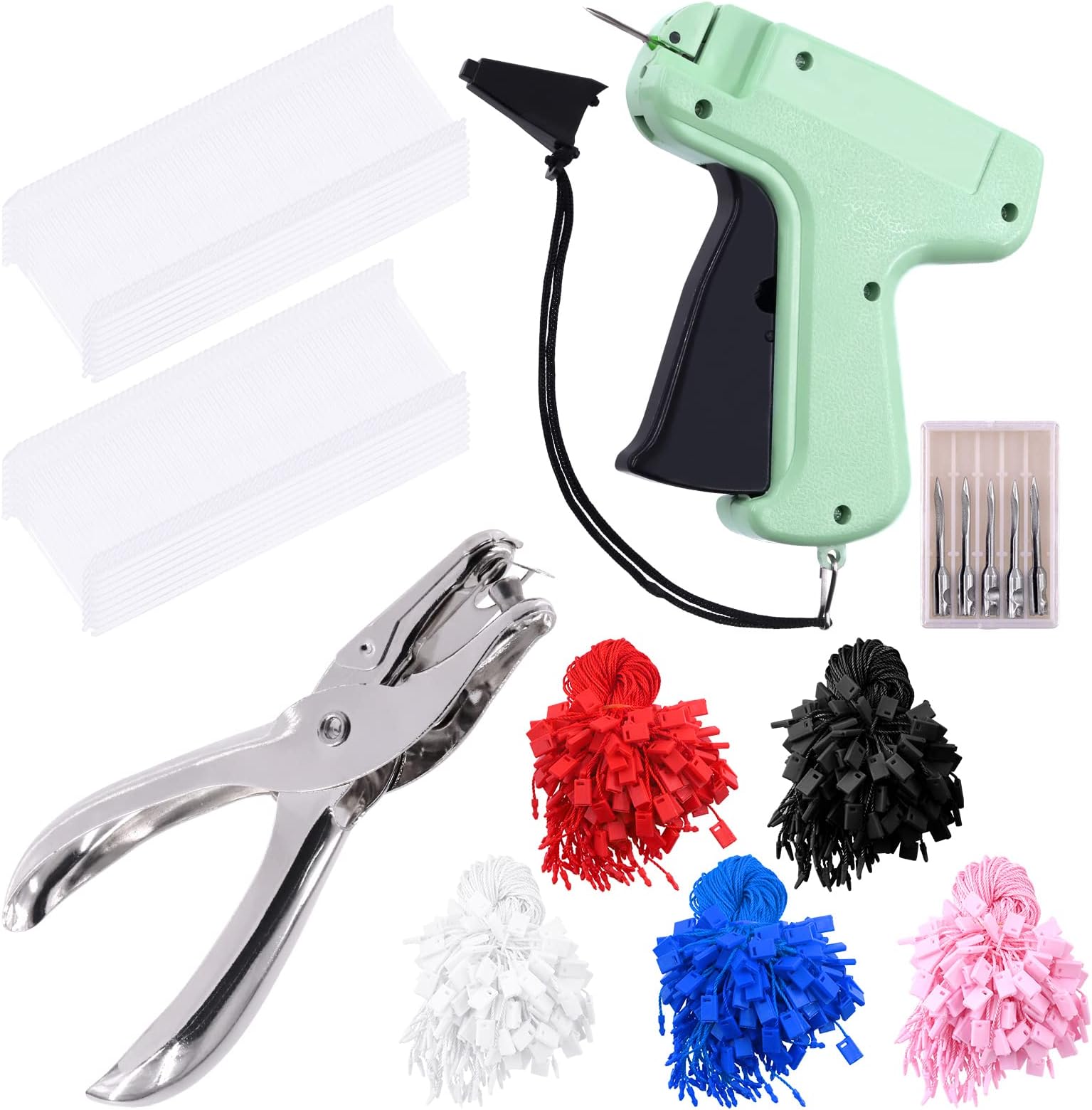 Glarks 2007Pcs Price Tag Attacher Gun Kit Including 1Pc Tagging Gun, 1000Pcs 5 Colors Hang Tag Strings, 1000Pcs Plastic Needles, 5Pcs Metal Needles and 1Pc Small Hole Punch