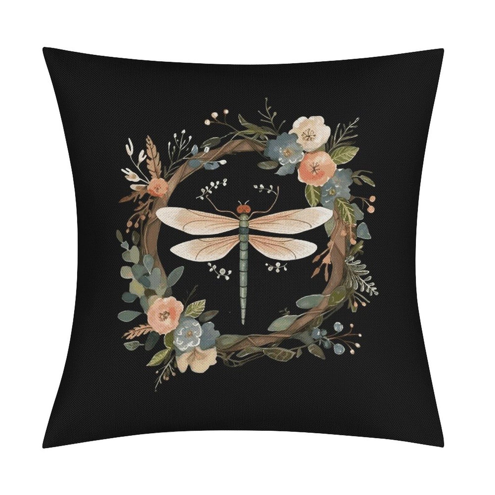 JTREHY Image of Dragonfly in Wreath Throw Pillow Covers Farmhouse Pillow Cover Standard Pillow Shams Decorative Square Pillowcases Soft Pillow Cases Wrinkle Fade Resistant for Couch Home 18x18 Inch