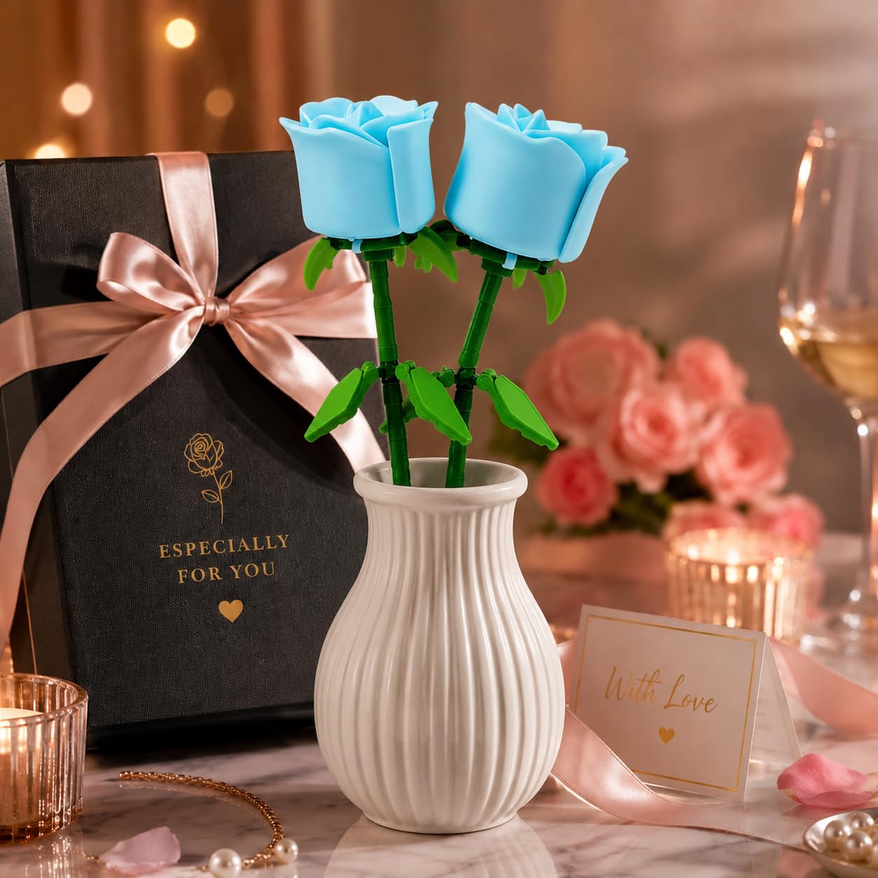 Rosas Eternas Bloques de Construcción Pack 2 - Flores Rojas para Montar DIY - Kit Manualidades Adultos - Regalo Mujer y Hombre San Valentín, Aniversario y Cumpleaños - Compatible con Rosas Lego Flores