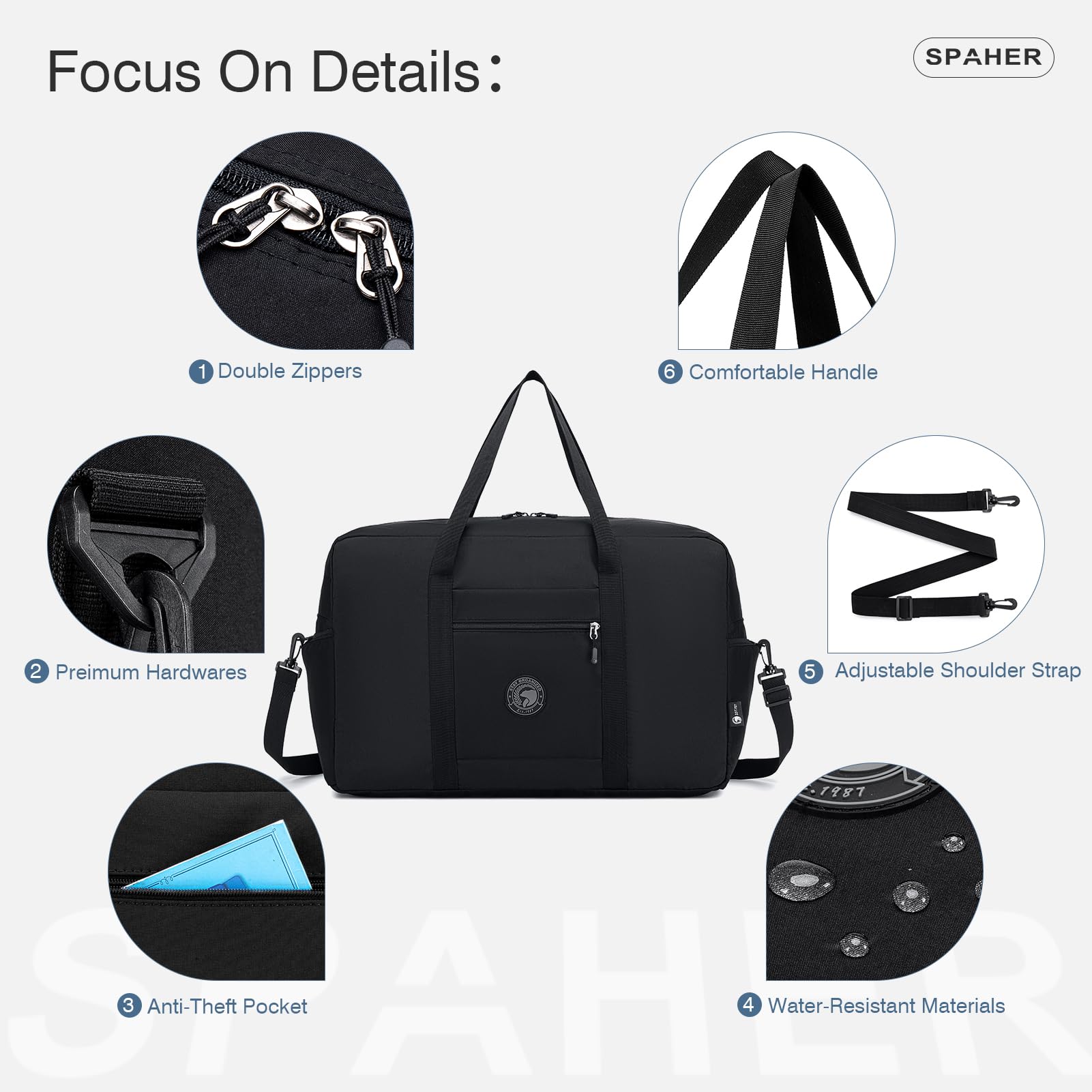 SPAHER Sac de Voyage Cabine Avion 55x35x25 Air France Bagage Cabine, Noir | 50L Grande Capacité, avec 2 Sacs de Toilette, Multipoche, Nylon Résistant à l'eau, pour Voyages Sport Week-ends