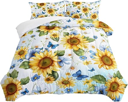 Nttopship Sunflower Floral Flower Bedding Set Queen Size 3 Pcs Comforter Set with 2 Pillowcases for Kids and Adults Sunflower Floral Yellow Comforter Set for Bedroom Bed Decor