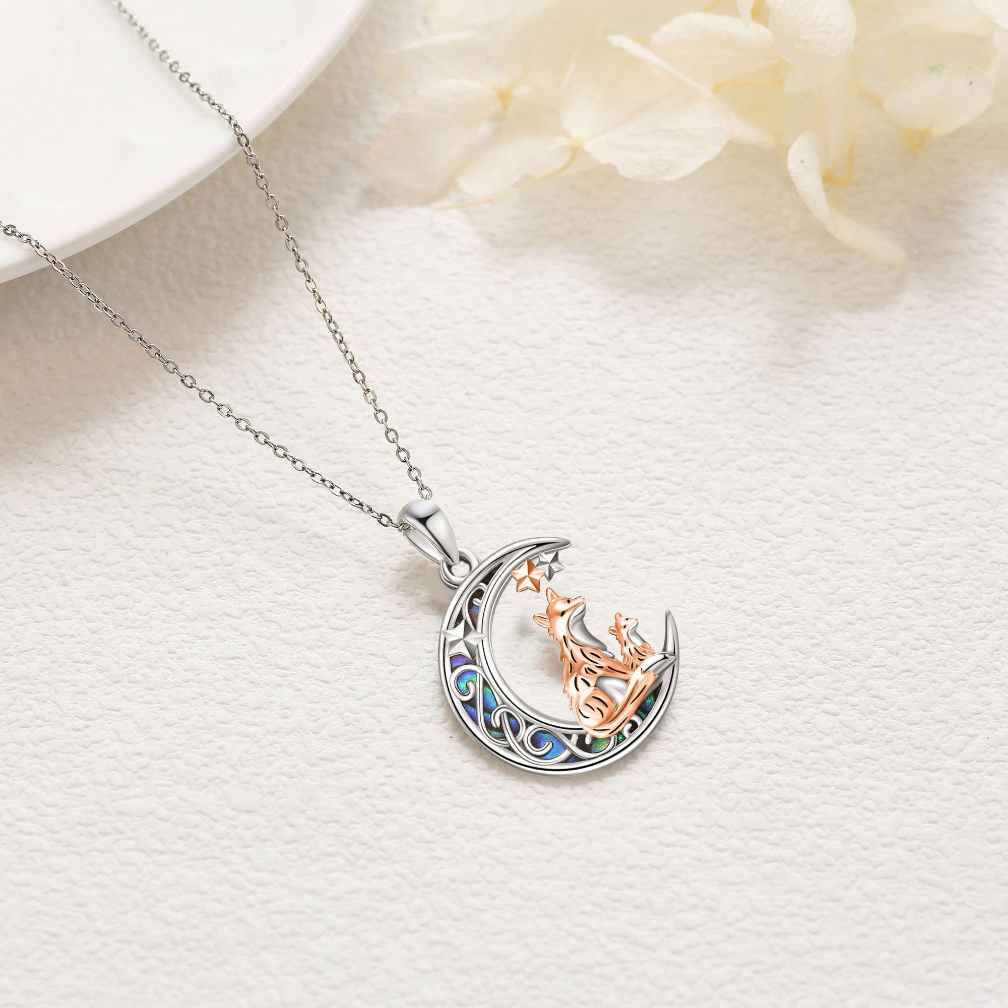 Fuchs/Katze Halskette Sterling Silber Fuchs auf Mond/Schwarze Katze Anhänger Tier Schmuck Geschenke für Frauen Mutter