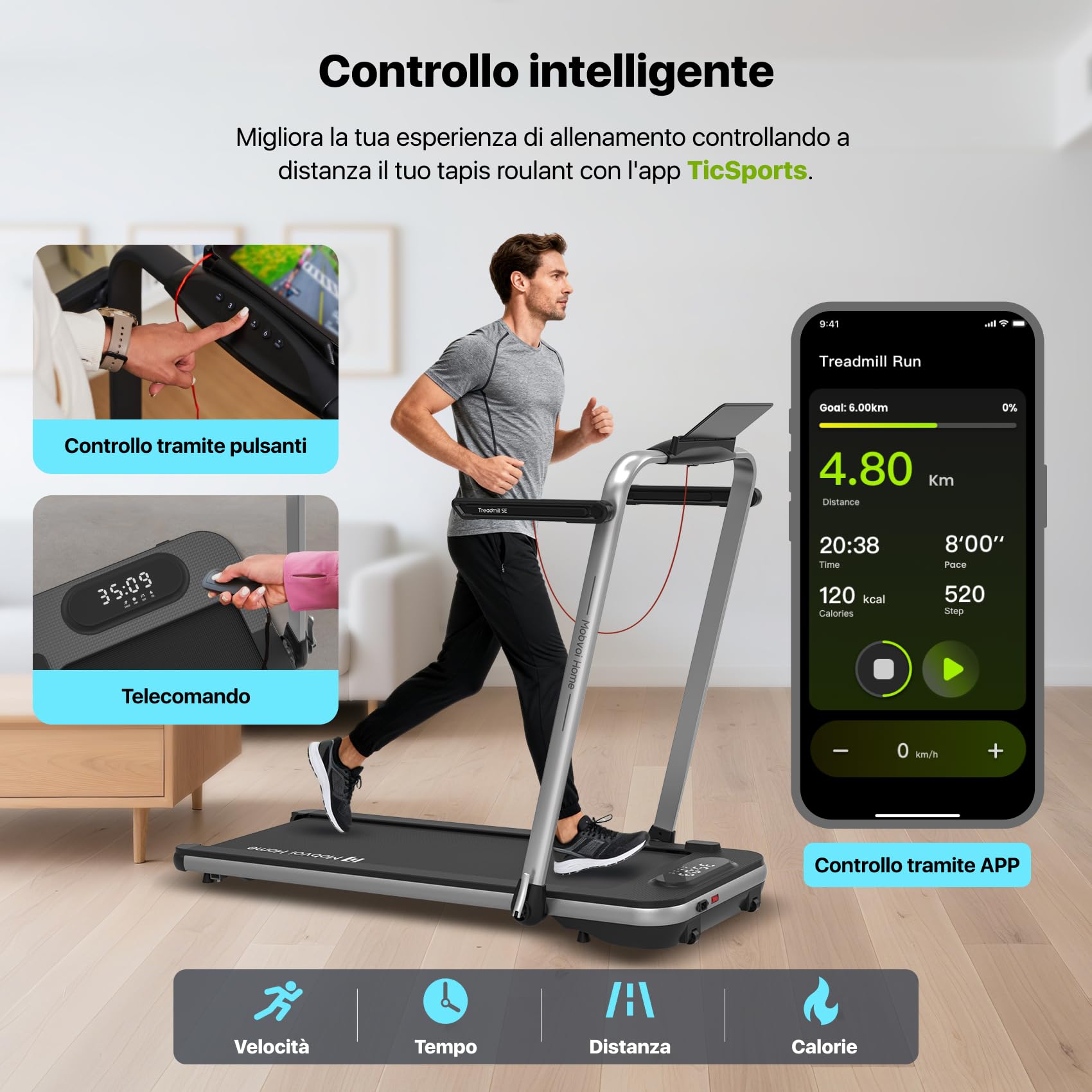 Mobvoi Home Treadmill SE Tapis Roulant AI Intelligente Elettrico 1-12km/h Pieghevole 3 in 1 Tappetino da Passeggio Portatile Compatto da 2,5 HP con Display LED Telecomando TicSports APP 120 kg