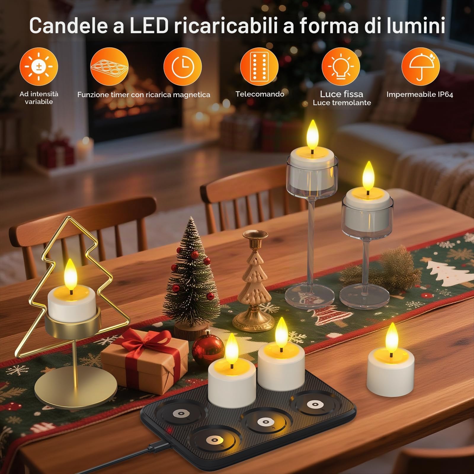 PChero Candele da tè ricaricabili con stazione magnetica, confezione da 6 candele elettriche senza fiamma a LED tremolanti con timer remoto per esterni, impermeabili, per casa, camera, bagno, giardino