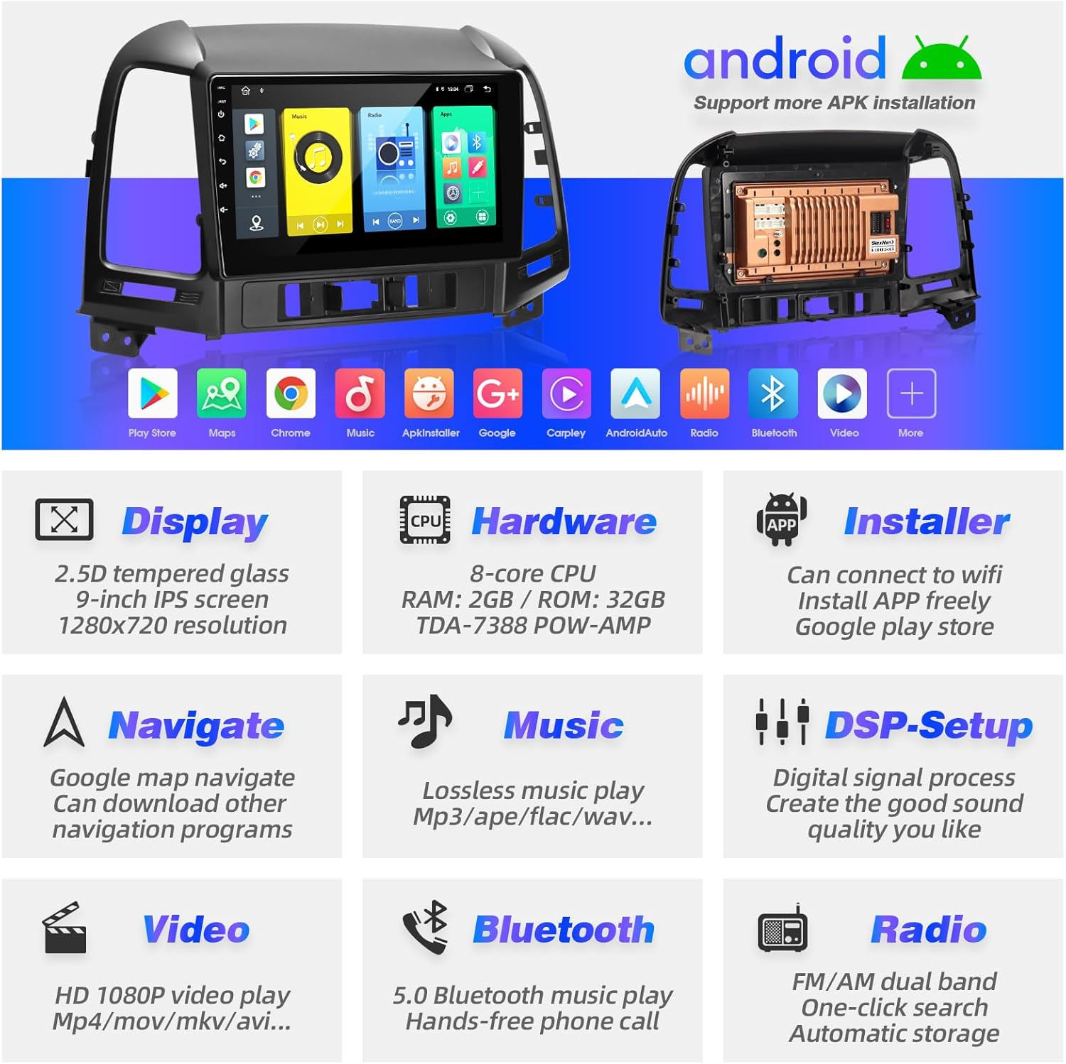 Android Radio Upgrade for Santa Fe 2007-2012 TouchScreen Compatible with Wireless Carplay Android Auto,Car Stereo Bluetooth Navigation Multimedia Player GPS WIFI FM AM Backup Camera Head Unit