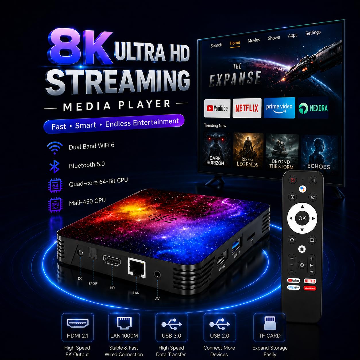 Caja Android TV 2026 v14, 8K, 4GB RAM + 128GB ROM, GPU Mali-G31, WiFi Doble Banda 2.4G/5G y Bluetooth 5.0, Puertos USB 2.0/3.0 y HDMI, Caja Inteligente sin miniteclado, reproducción 3D
