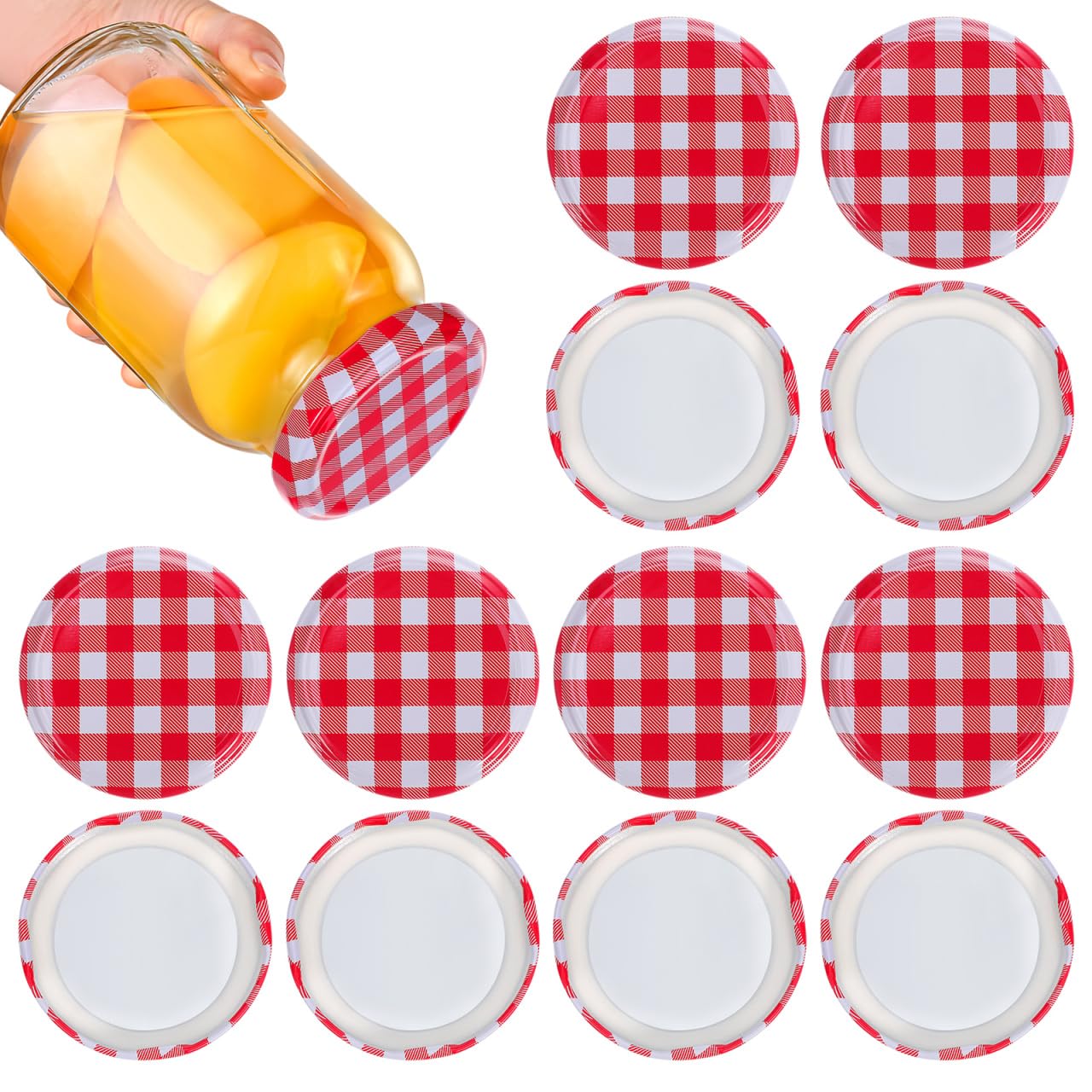 Angoily 40Pcs Jam Jar Lids 63mm - Vintage Red Gingham Twist-Off Tinplate Caps with Silicone Seal - Rust-Resistant Metal Replacement Covers for Glass Preserving Jars Food Storage and Canning