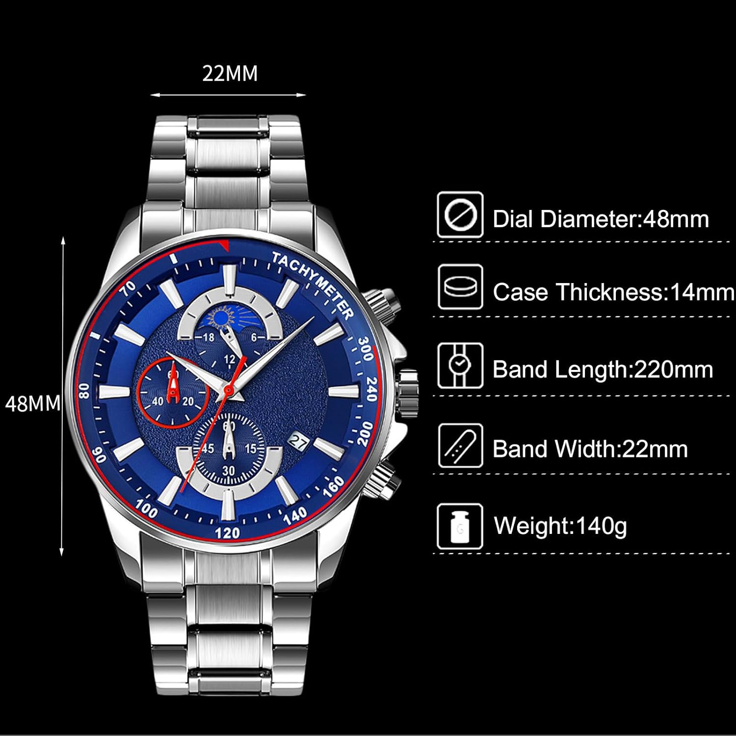 Diagram of RORIOS watch with dimensions: Dial Diameter 48mm, Case Thickness 14mm, Band Length 220mm, Band Width 22mm, Weight 140g.