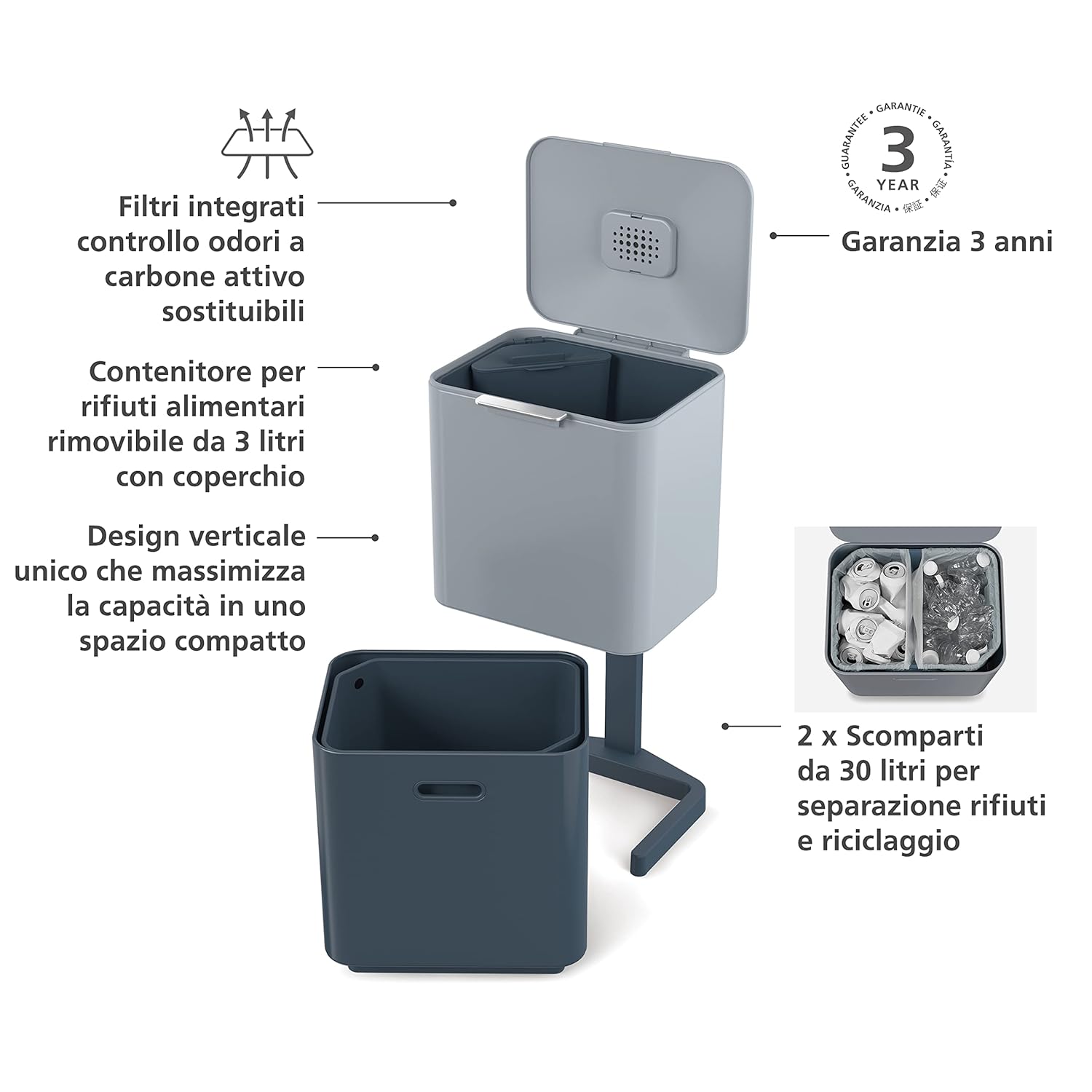 Joseph Joseph Totem Max. 60 Litre Waste Separation and Recycling Unit, Grey/Blue, 60 L