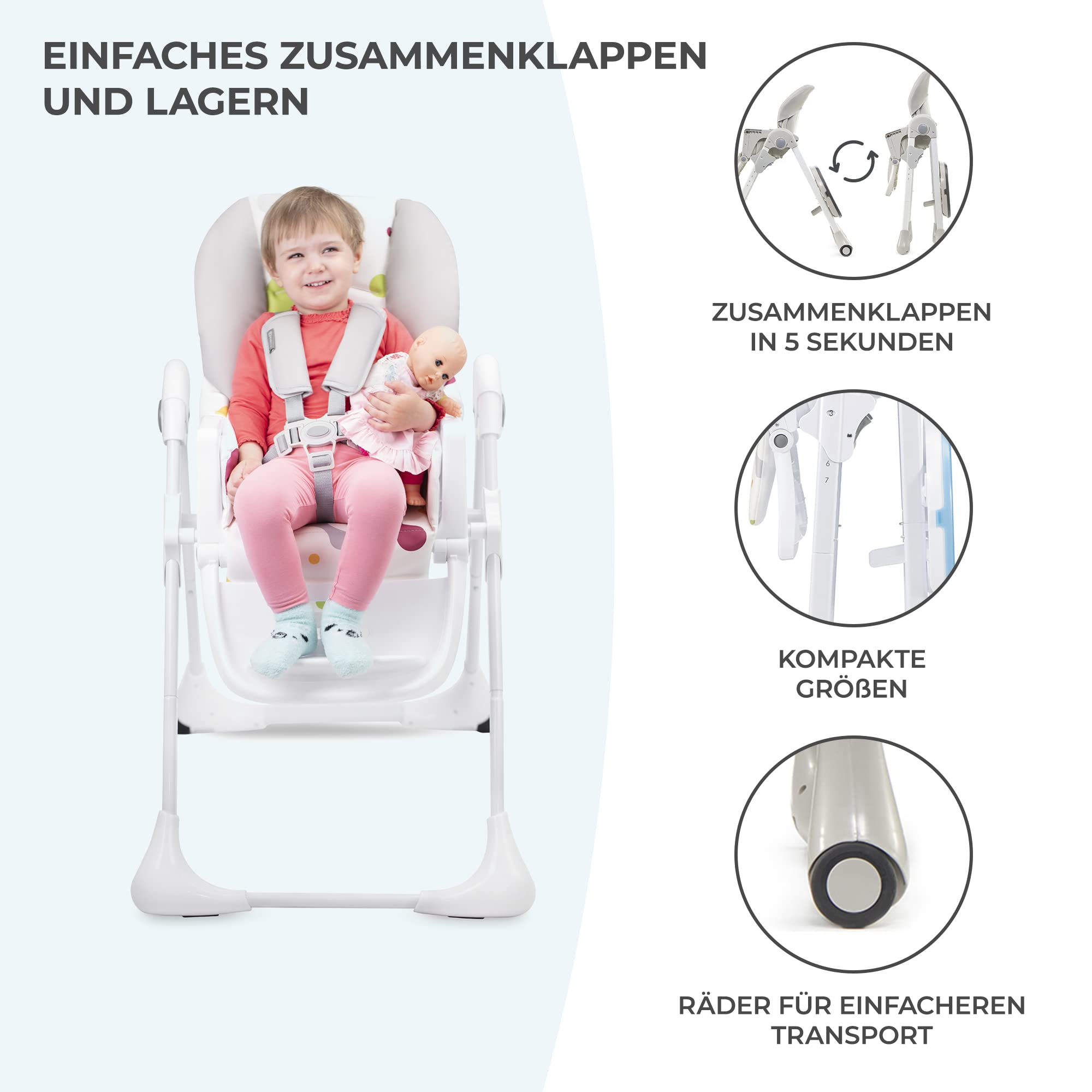 Kinderkraft YUMMY Hochstuhl, Kombihochstuhl, Babystuhl, PU-Bezug, Grau