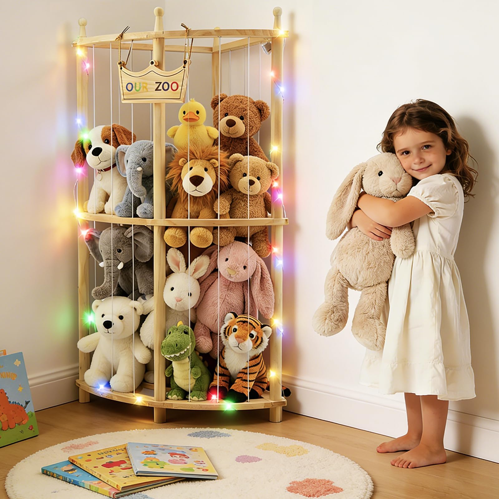 Angolo Porta Peluche 2 Ripiani in Legno Massivo con Luci LED, 96×44×44cm Organizzatore Senza Ruote, Supporto Peluche con Fascia Elastica per Cameretta Bambini, Sala Giochi & Soggiorno