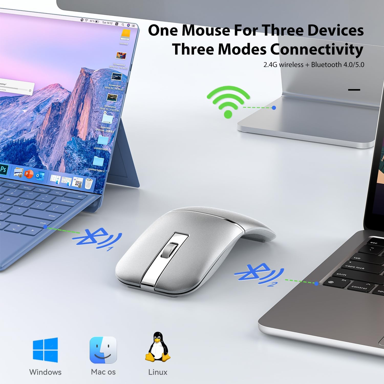 Bluetooth Wireless Arc Travel Mouse, Bluetooth 5.0/4.0 & 2.4G Tri-Mode, Rotating Foldable Ergonomic Mice, Type-C Rechargeable Multi-Device for Microsoft Laptop, PC, MacBook, Chromebook,Lenovo - Silver 4 715MXeZSXGL. AC SL1500