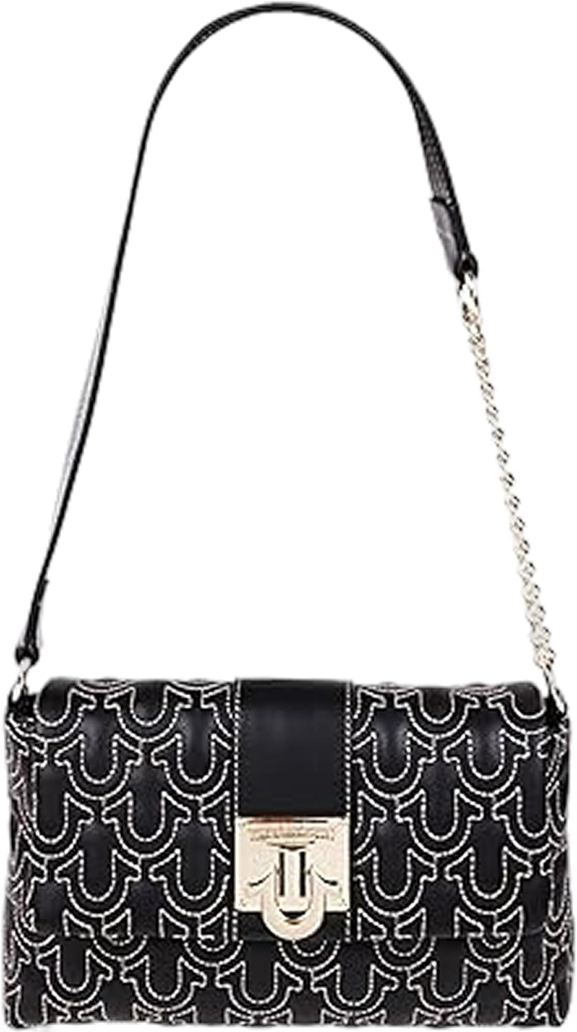 True Religion Shoulder Bag, Horseshoe Quilt Logo Plaque Flap Purse with Chain Strap, Quilted Stitch Design and Gold Hardware, Black