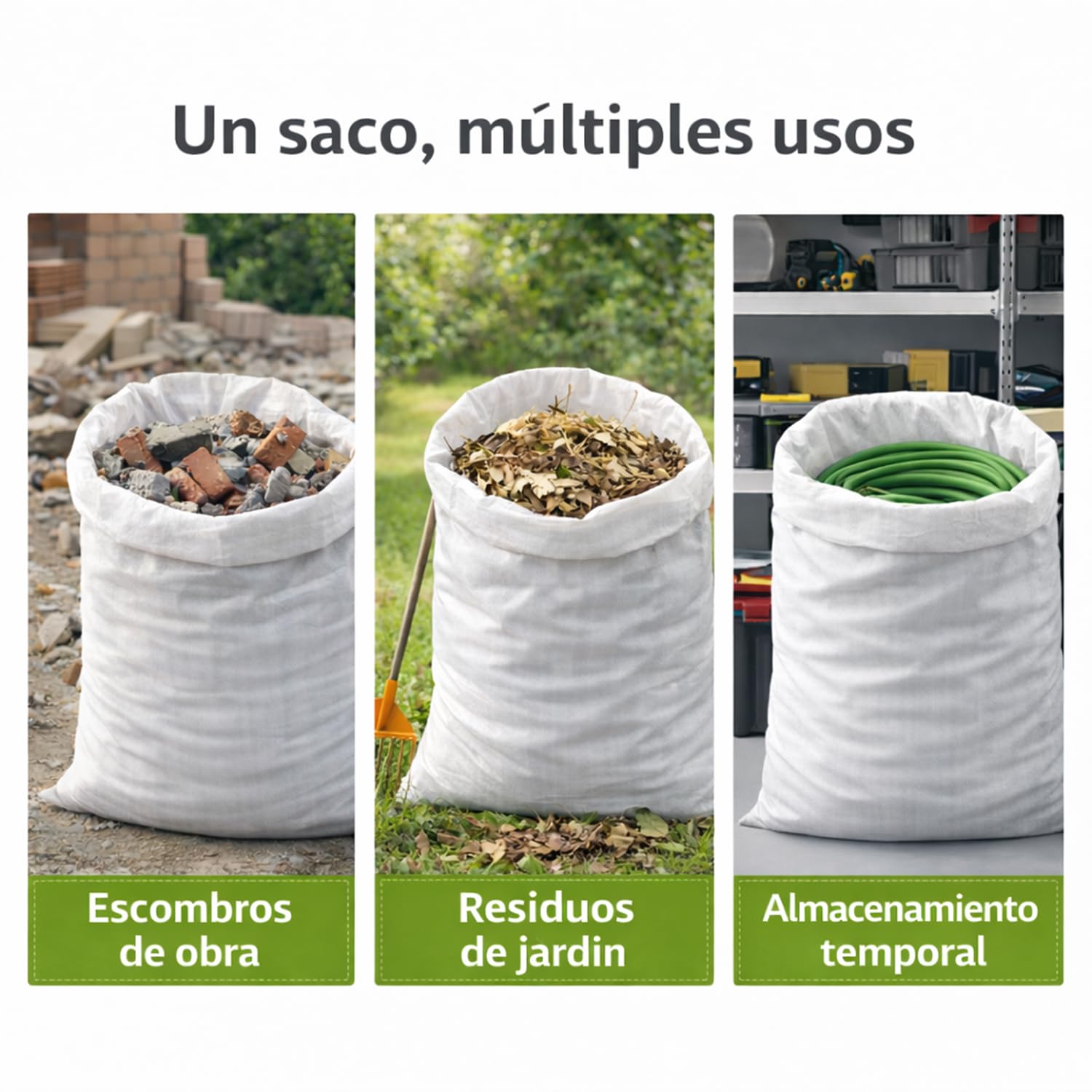 Sacchi per detriti 120 x 98 cm di Rafia PP bianco extra resistenti, 10 sacchi da costruzione grandi per giardino, lavori e rifiuti - alta capacità e durata - fascette di chiusura incluse