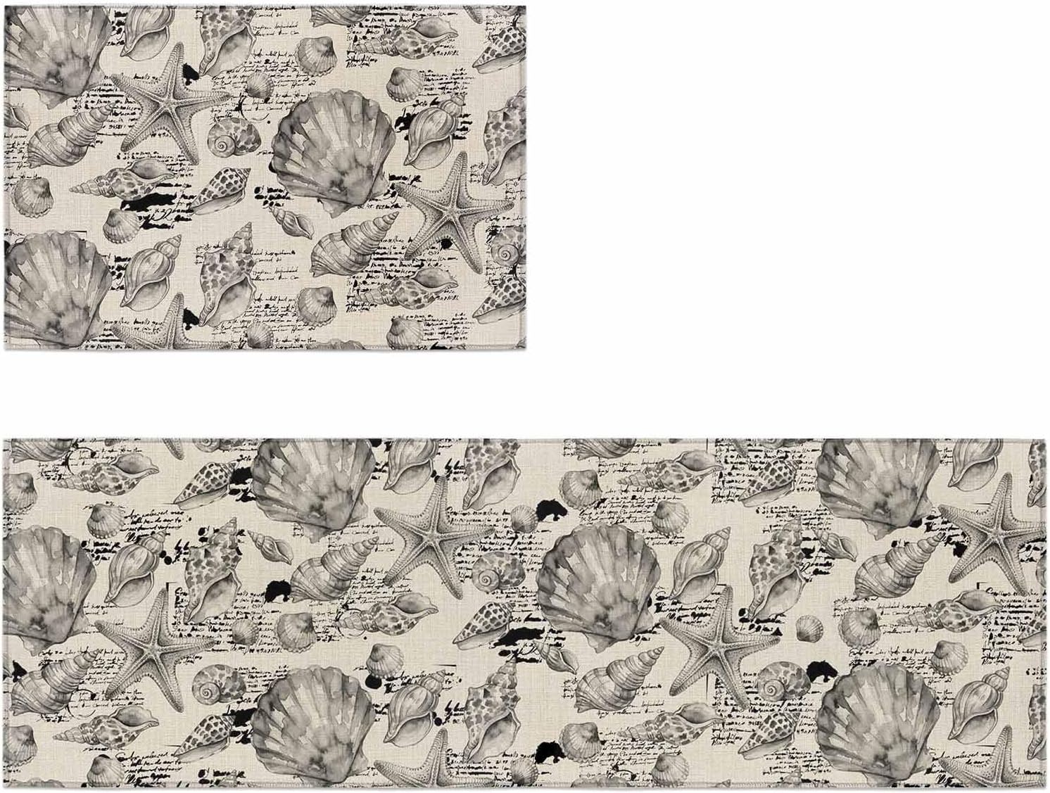 Kitchen Mats for Floor Summer Ocean Shell Starfish Washable Non Slip Kitchen Rugs 2PCS, Retro Farmhouse Beige Absorbent Standing Mats for Sink Bathroom Office Living Room 15.7x23.6in+15.7x47.2in