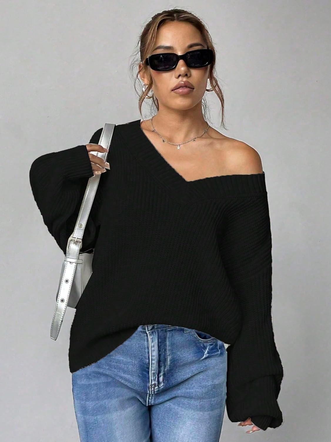 SKAYS Women's Casual V-Neck Sweater Drop Shoulder Long Sleeve Solid Color Knit Pullover - Image 4