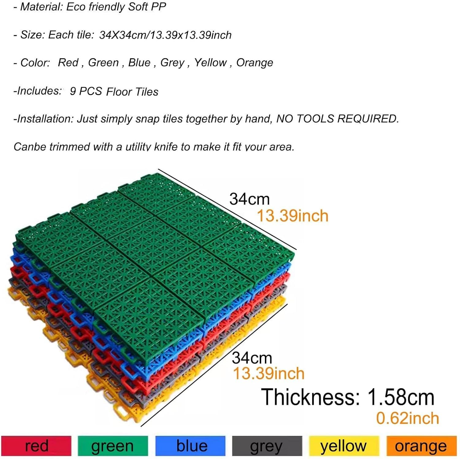 płytki drenażowe, 9 sztuk PP Modułowe Dywaniki Podłogowe, Zewnętrzne Płytki Do Koszykówki Przedszkole DIY Sport Court, Szybki Drenaż, 34x34 cm