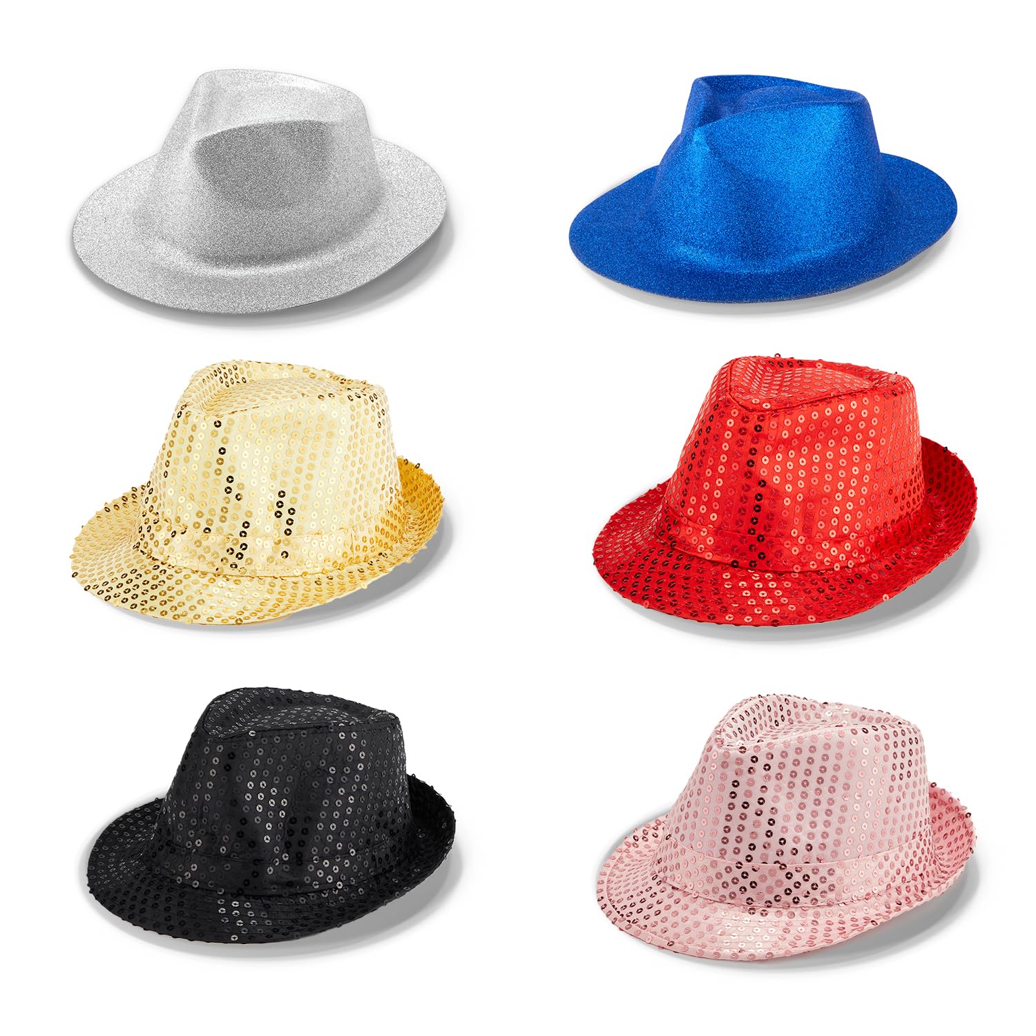 Zink Lot de 6 Fedoras Western Colorés - 6 Chapeaux Unisexes à Paillettes et Scintillants pour Photomatons, Fêtes, Costumes, Mariages, etc.