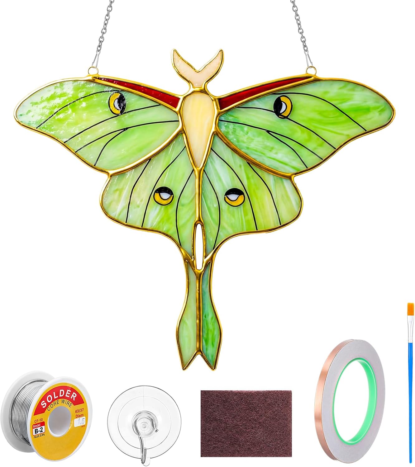 LemonRoad 1 Set Green Luna Moth Pre Cut Stained Glass Kit for Adult Beginner Made Easy Stained Glass Craft with Solder Wire, Flux Brush for Christmas Birthday Party Favor