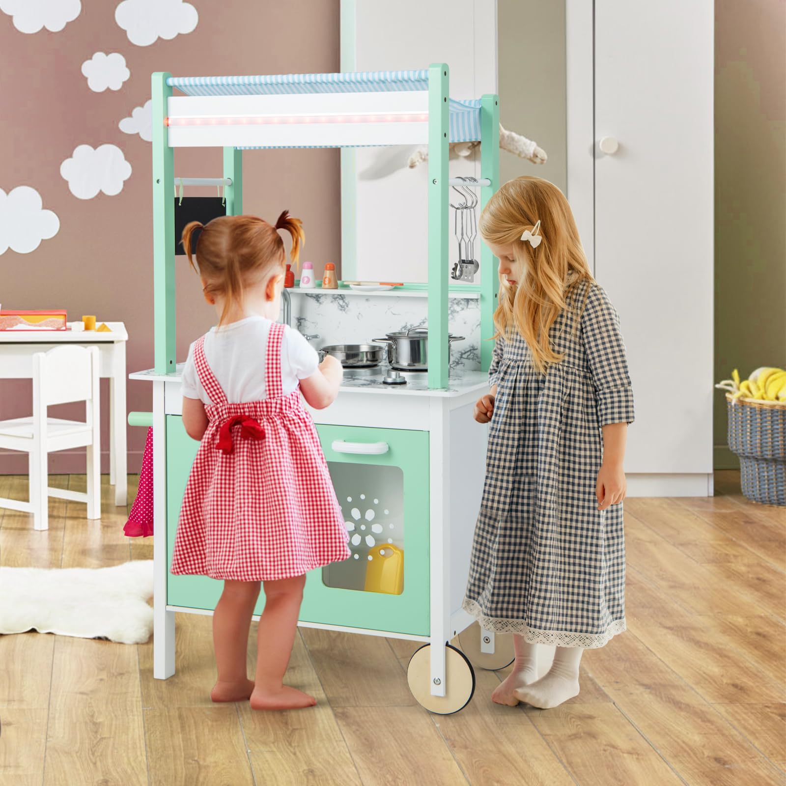 GOPLUS 2 en 1 Cocina Juguete y Tienda Infantil de Madera, Juguete de Cocina con Luz LED y Mando a Distancia, Cocinitas con 17 Accesorios, Juego de Imitación con Rueda, 3+ Años, 39 x 70 x 120 cm
