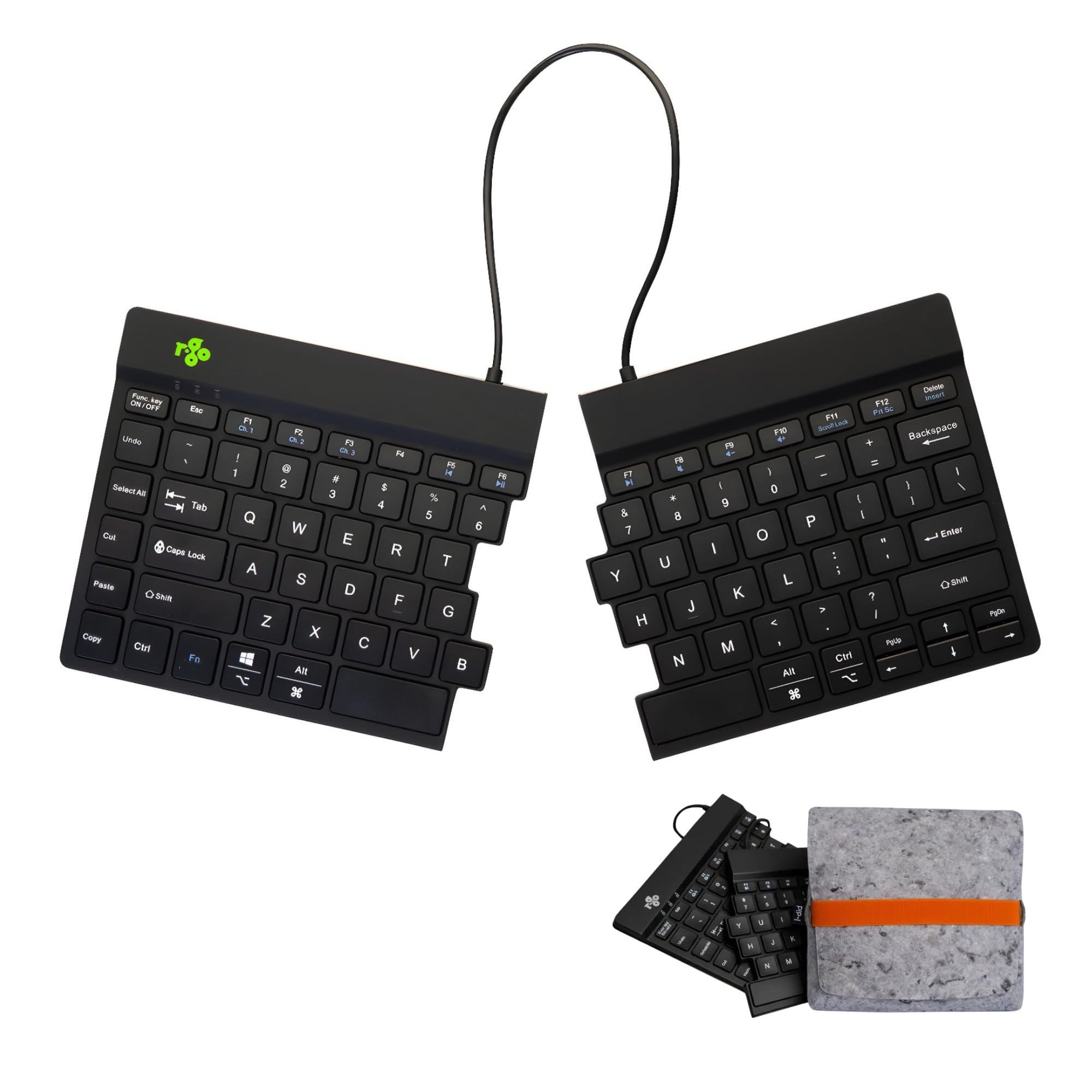 R-Go Kabellose Bluetooth-Tastatur mit Tasche – Ergonomische Geteilte Tastatur – Wiederaufladbar – US-QWERTY – Filztasche