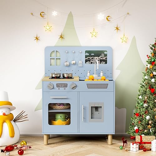 Miniatura 2 de MAMIZO Juego de cocina para niños, juego de simulación con pizarra y luces y sonidos realistas, cocina de madera interactiva definitiva con sonidos