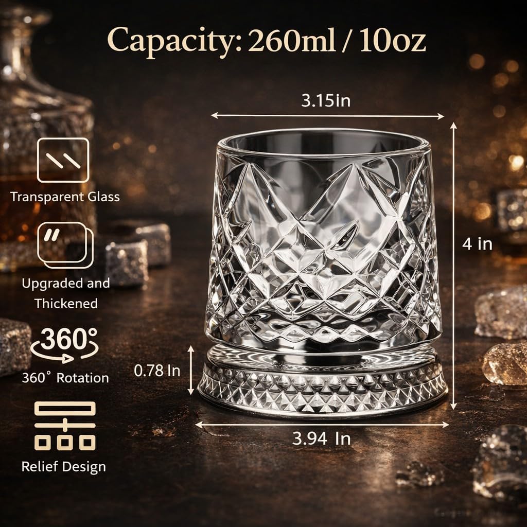360° Spinning Crystal Whiskey Glass, Spinning Old Fashioned Tumblers with Stress-Relief Base, Luxury Gift for Scotch, Bourbon, Cocktail Lovers (Grid Pattern)