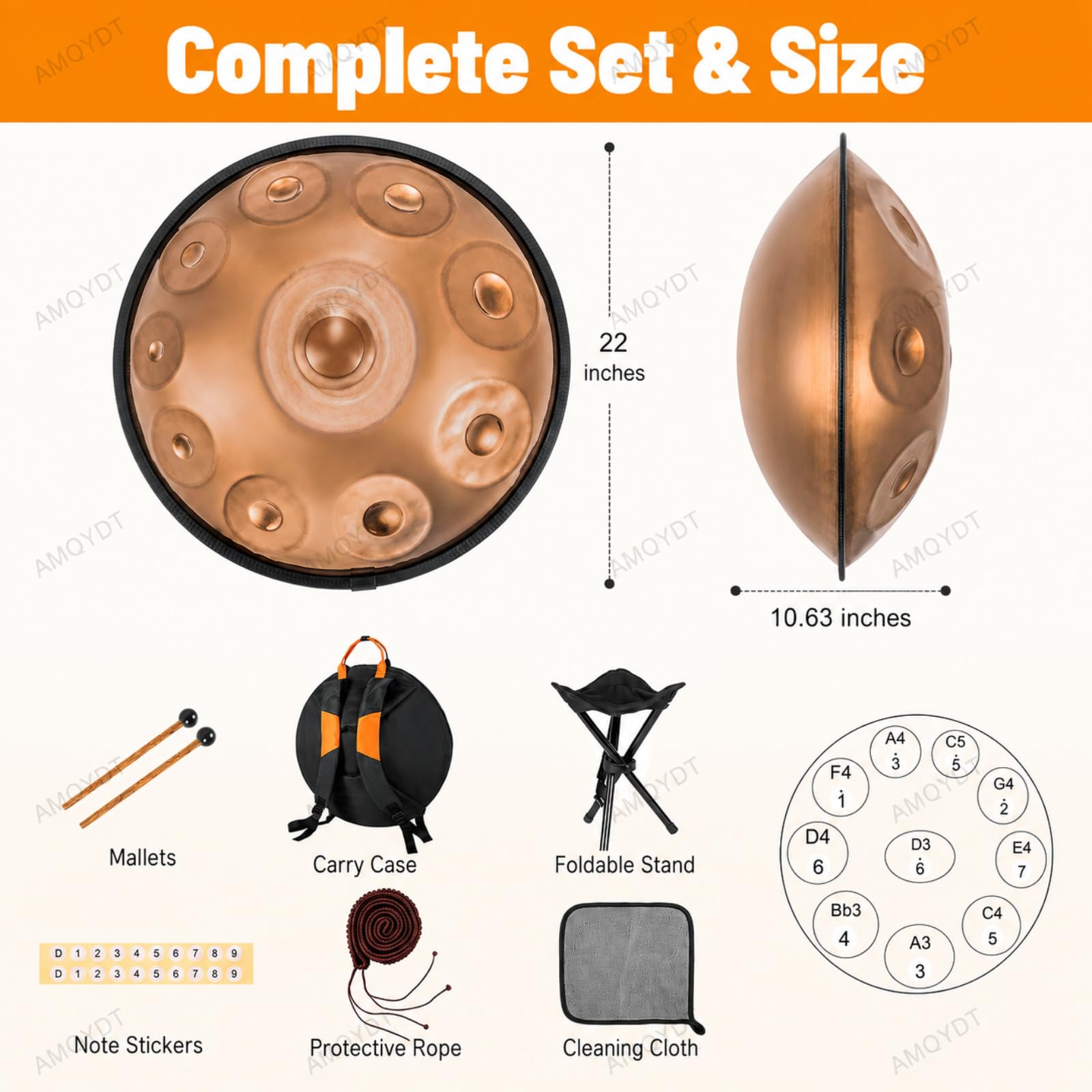 Handpan Professionale da 22 Pollici, D Kurd Handpan 22 Pollici 10 Note 432hz, Strumento Handpan in Acciaio Nitrurato da 1,2 Mm con Custodia, Supporto E Bacchette per Adulti