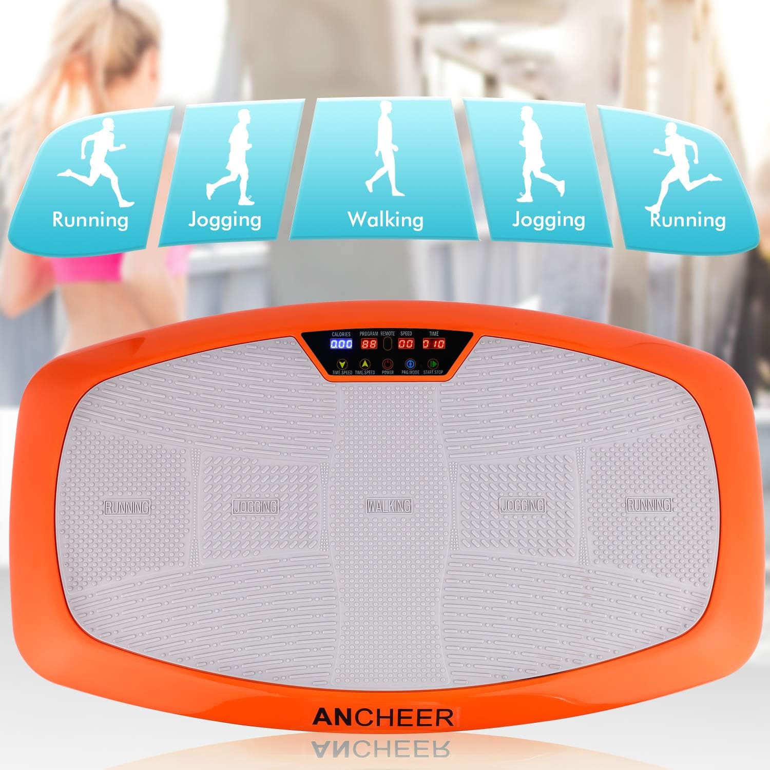 Top view of Ancheer JF-B01C Vibration Platform showing Running, Jogging, and Walking zones