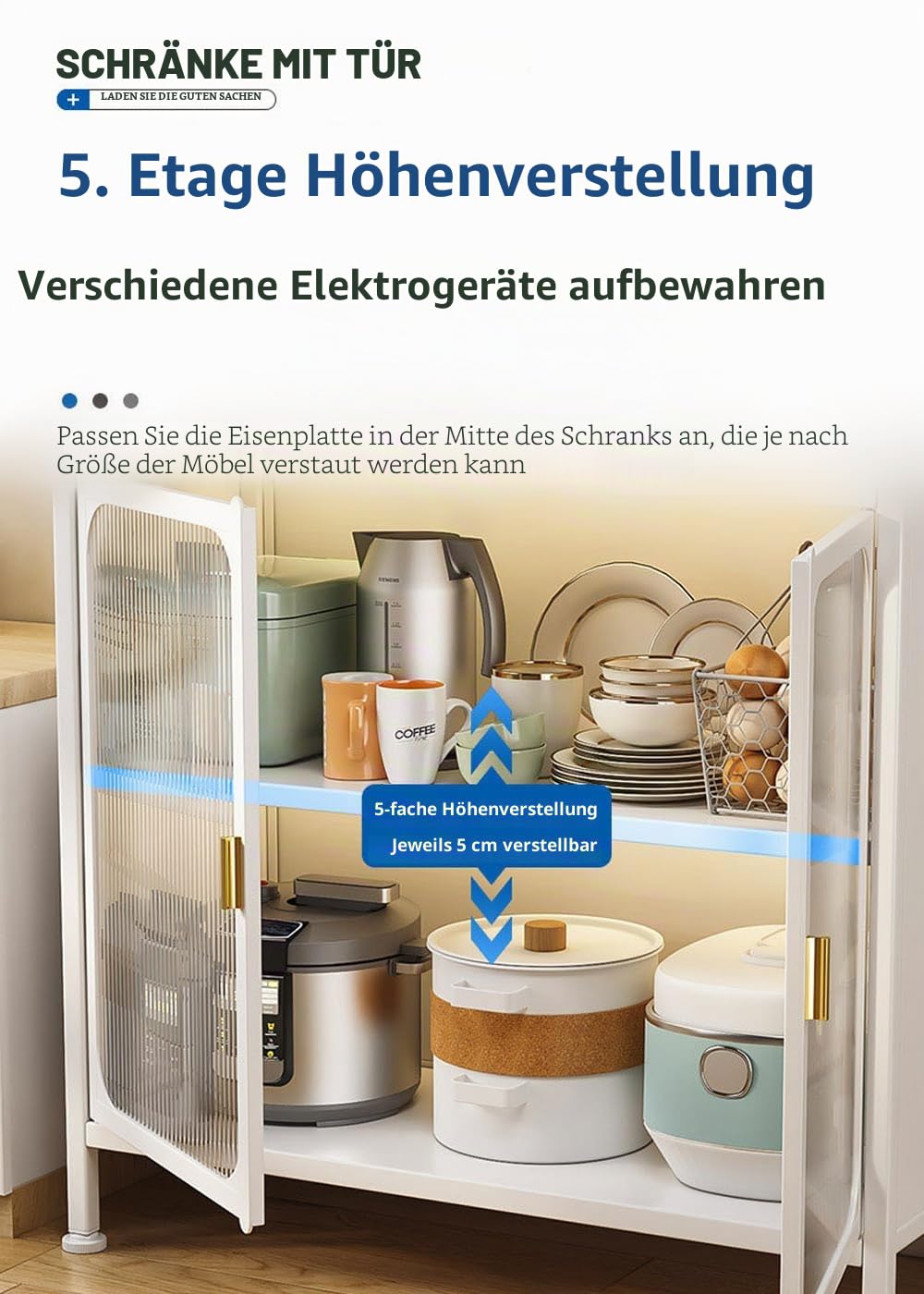 Küchenschrank, Buffetschrank Küchenschränke, 5-stufiges Vorratsschrank,Mikrowellenschrank mit Close-Funktion,erstellbare Einlegeböden und Kabelloch mit Sichtbare Türen Schwarz (66x36x164cm)