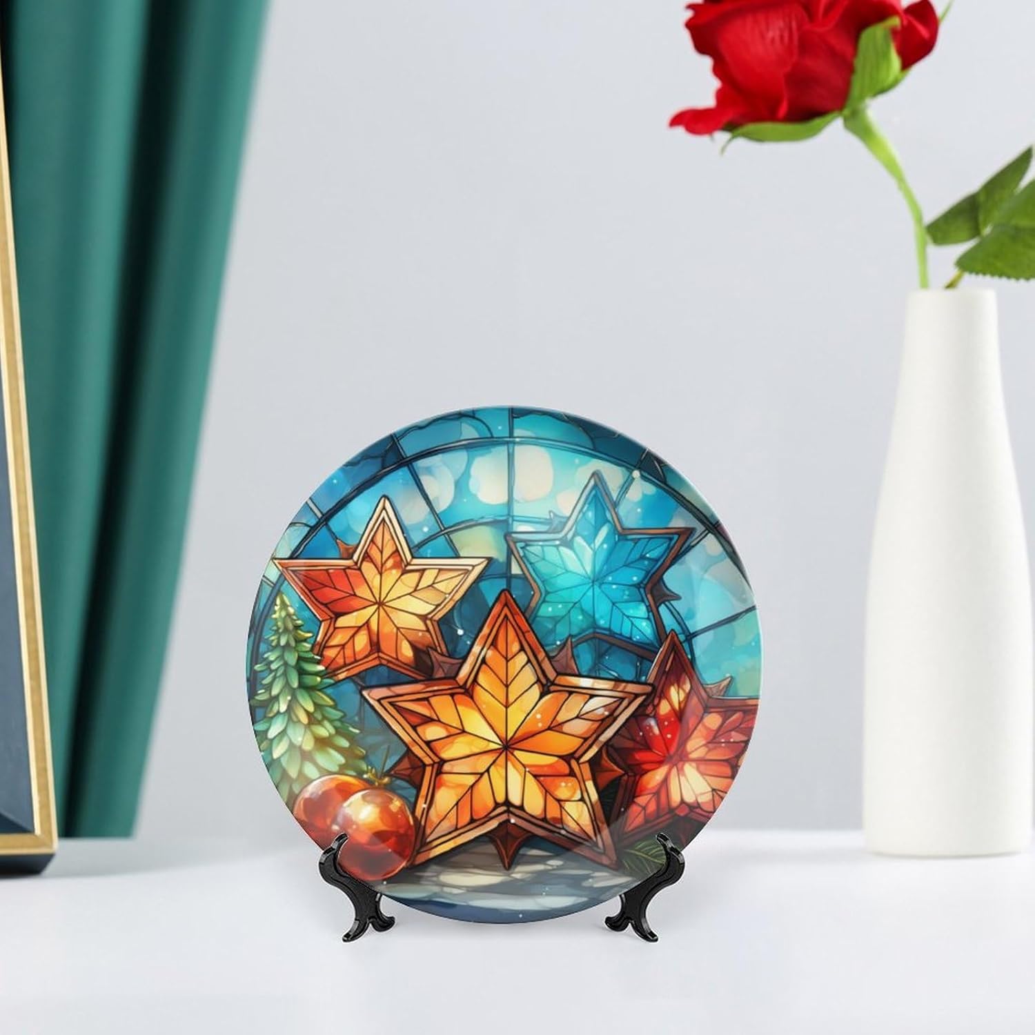 Xmas Decorative Plates, Christmas Tree & Stars Display Plate for Home Office Kitchen Table Decor, Stained Glass Design Porcelain Plates Xmas Ornament 6 Inch