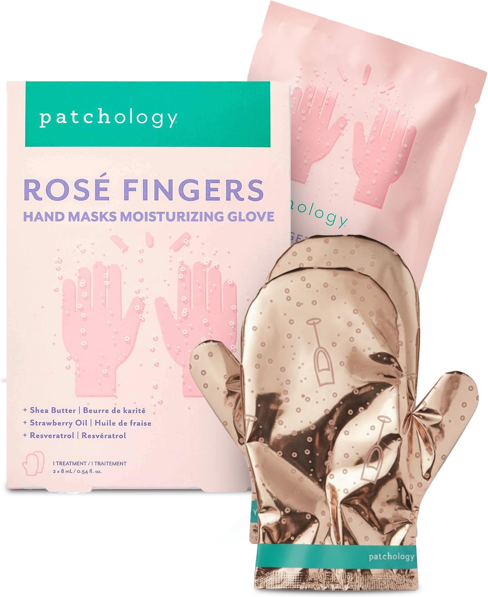Patchology Rosé Fingers Renewing Hand Mask - Strawberry-Scented Moisturizing Gloves with Shea Butter for Dry & Cracked Hands, Repairing Hand Treatment for Baby Soft Skin, Self-Care Essential - 1 Pair