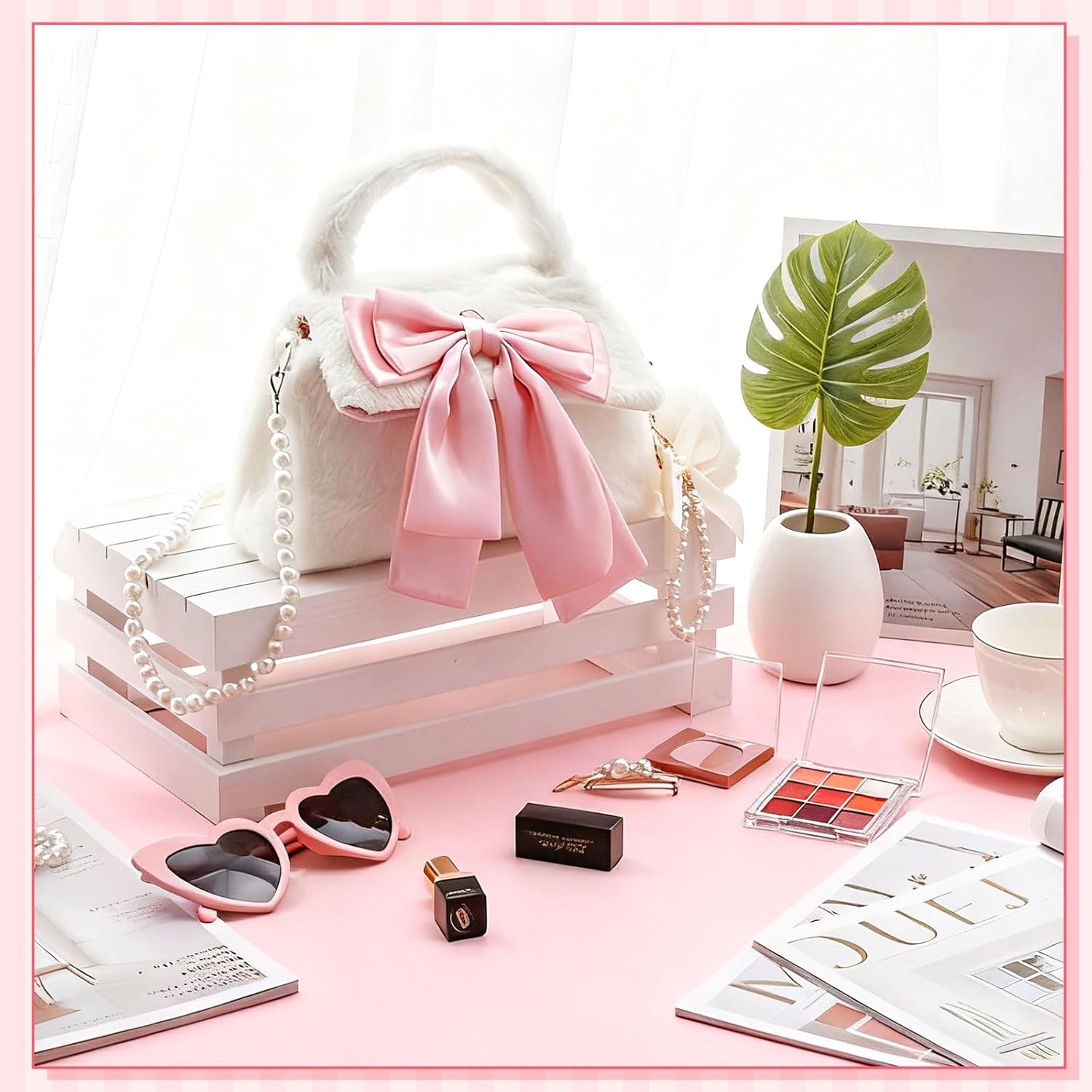 Abbylike 3 Pcs Bow Knot Furry Crossbody Purses with Fluffy Pom Pom Keychain and Pearl Bow Charm Cute Women Handbags - Image 3