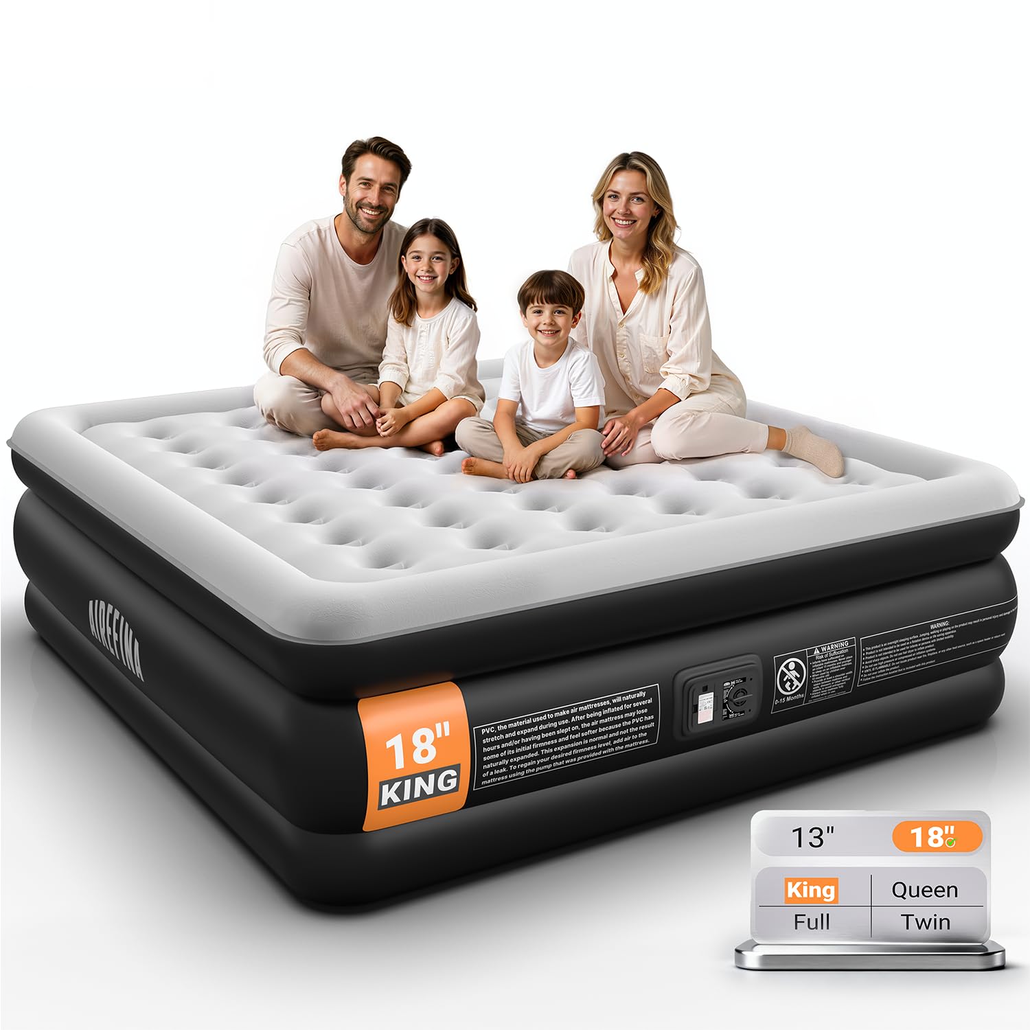 Airefina Air Mattress with Built-in Pump, 18" King Size Inflatable Mattress in 3 Mins Self-Inflation/Deflation, Matelas Gonflable for Home,Travel & Guest, Blow up Mattress 80x76x18in, 650lb MAX