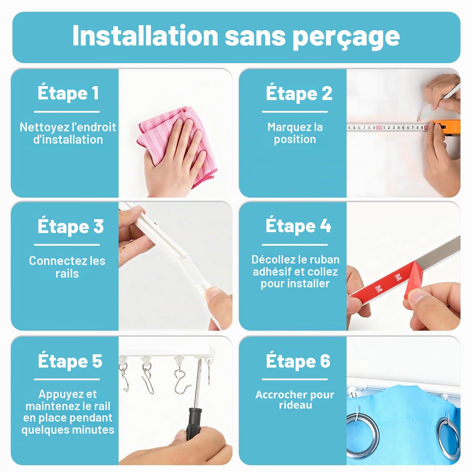 Rails à rideaux, Tringle à Rideau Adhésive, 3 Meter Rail de Rideau Sans Perçage, peut être Utilisé sur les Plafonds et les Murs, Convient à la Maison, au Bureau, à la Caravane