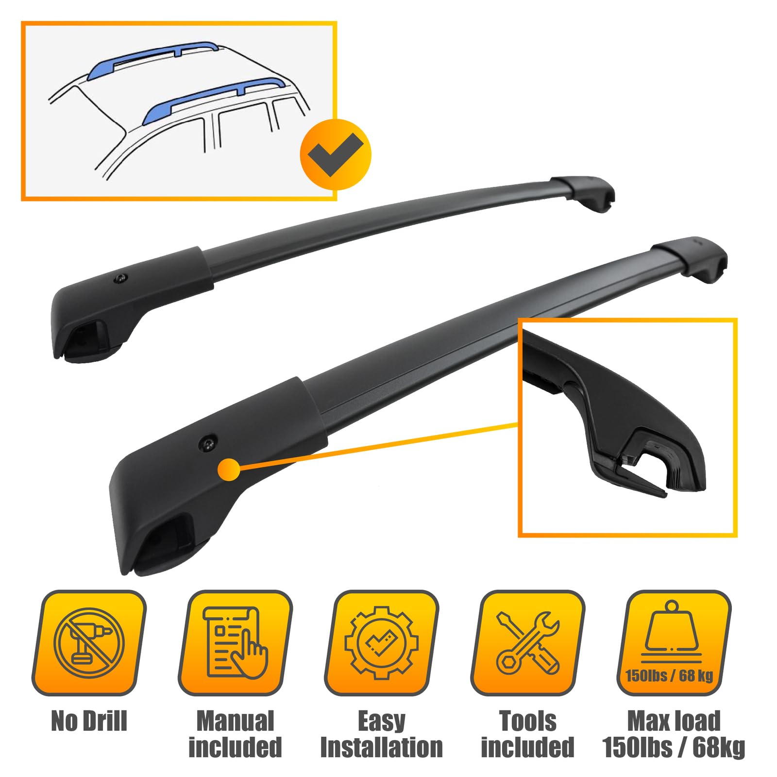 J&J AUTOMOTIVE Barre Da Tetto per Volkswagen Golf Dal 2014 Station Wagon, Stile OEM Alluminio Nero 2pcs, Montaggio Facile, Portabagagli, Alta Resistenza